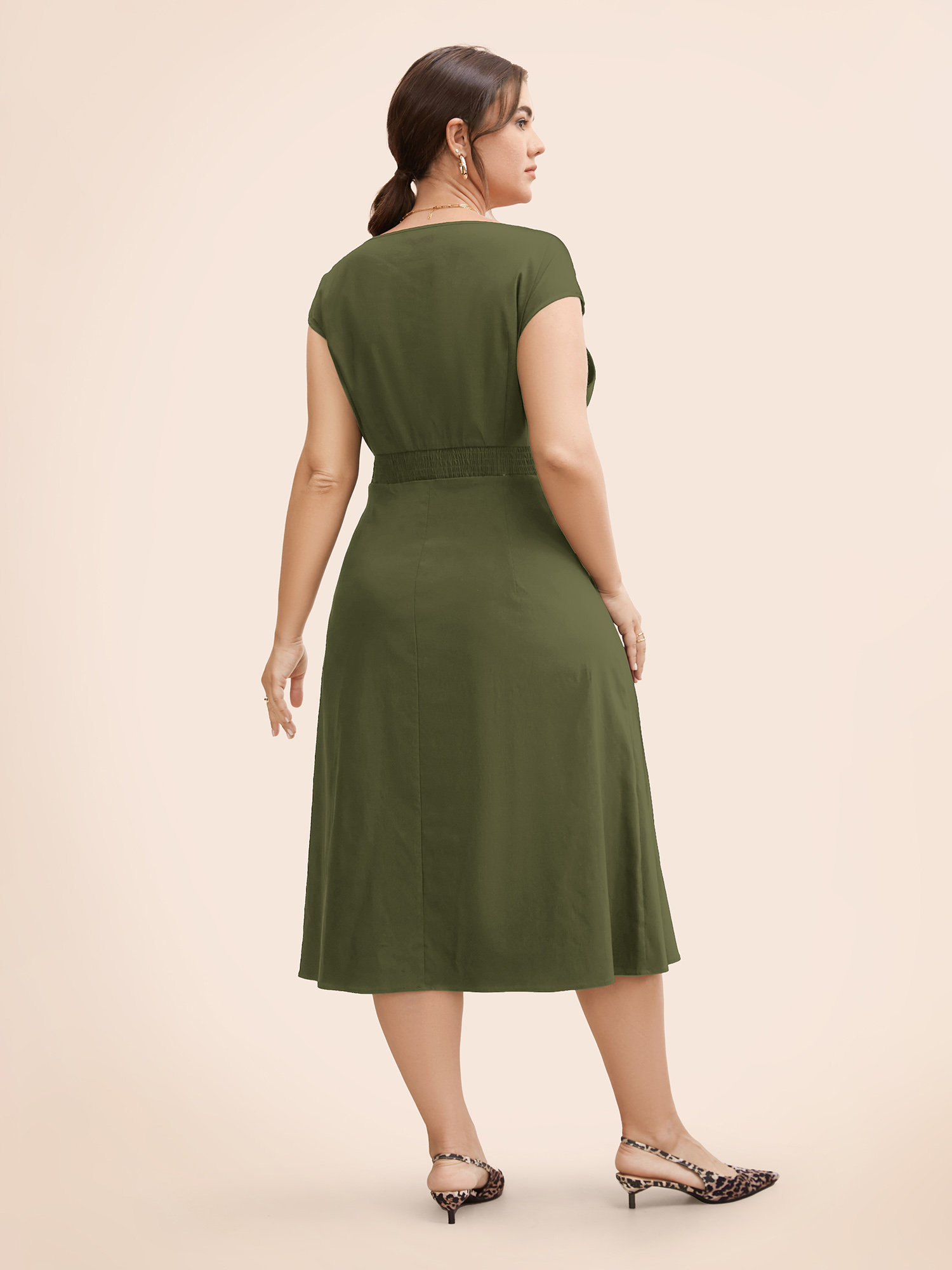 

Plus Size Stretch Woven Cowl Neckline Midi Dress ArmyGreen Women Workwear Essentials Pleated Boat Neck Cap Sleeve Curvy BloomChic