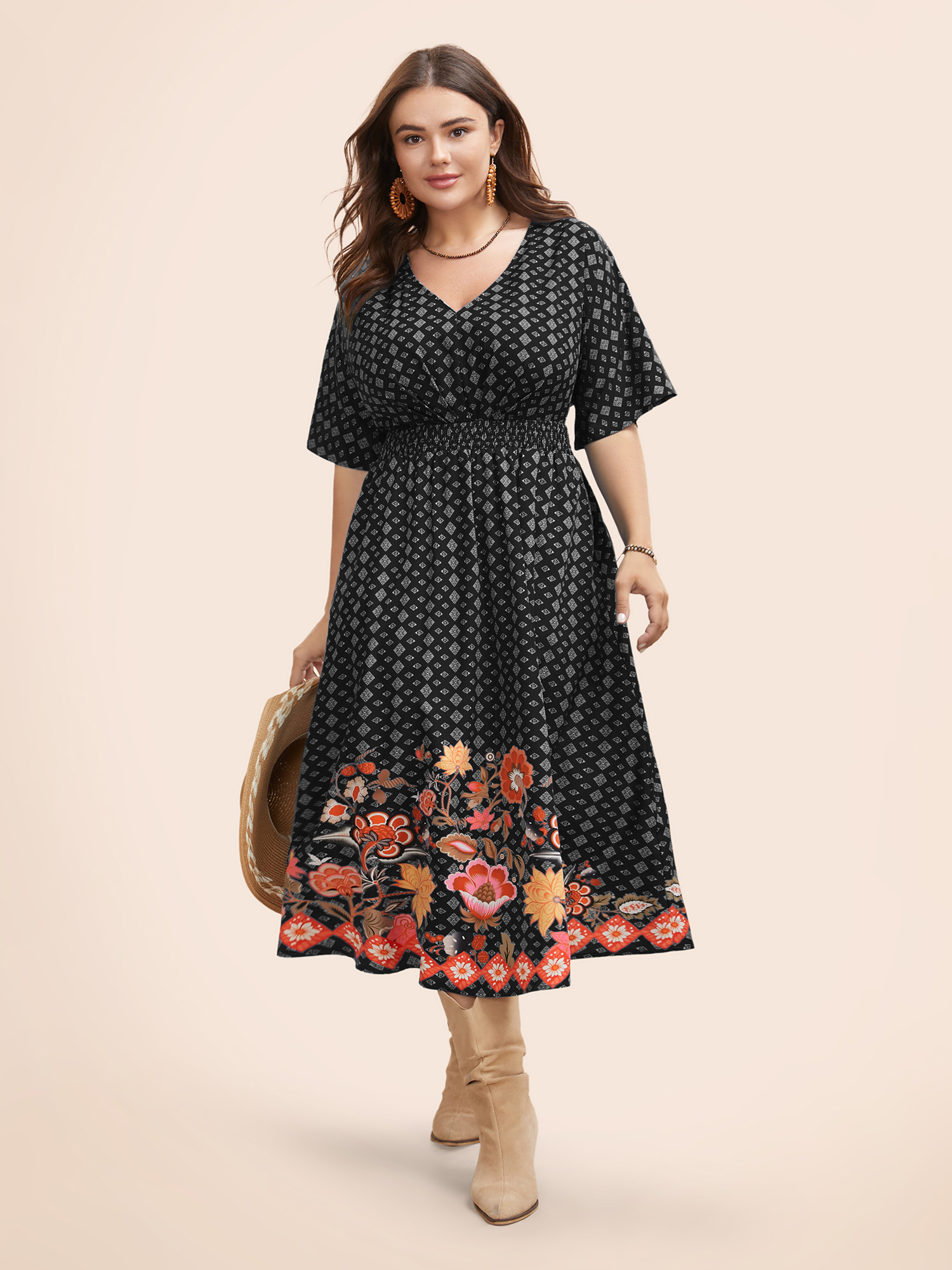 

Plus Size Boho Print Shirred Pleated Dolman Sleeve Dress BlackFlower Women Resort Pleated V-neck Half Sleeve Curvy BloomChic