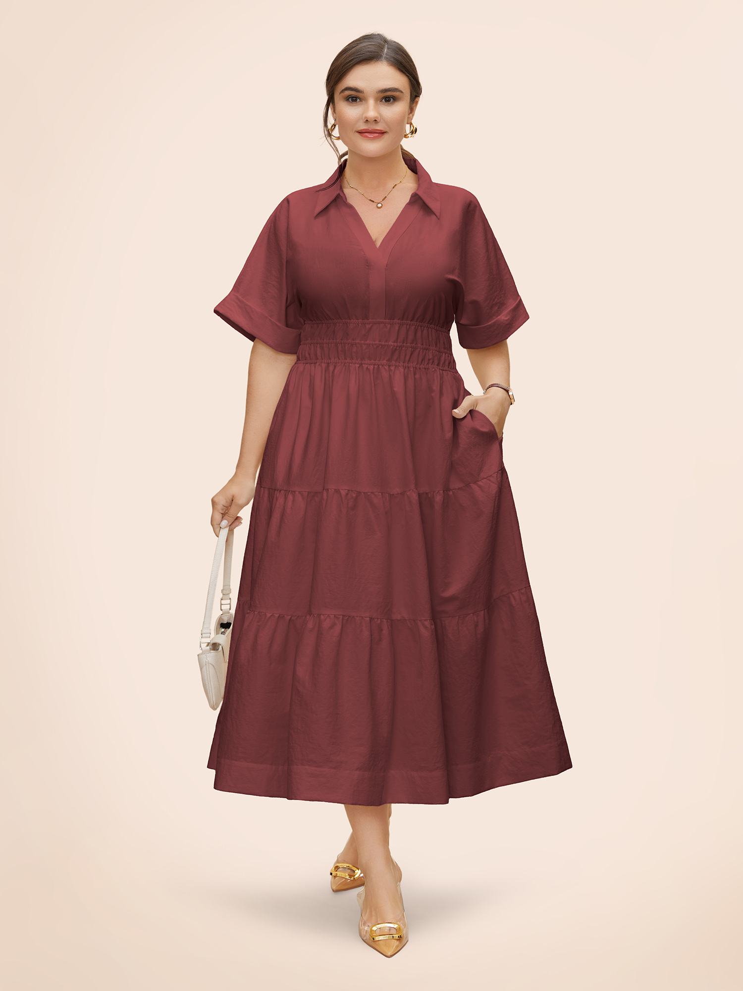 

Plus Size Midfield Tiered Midi Shirt Dress Burgundy Women At the Office Gathered Shirt collar Short sleeve Curvy BloomChic