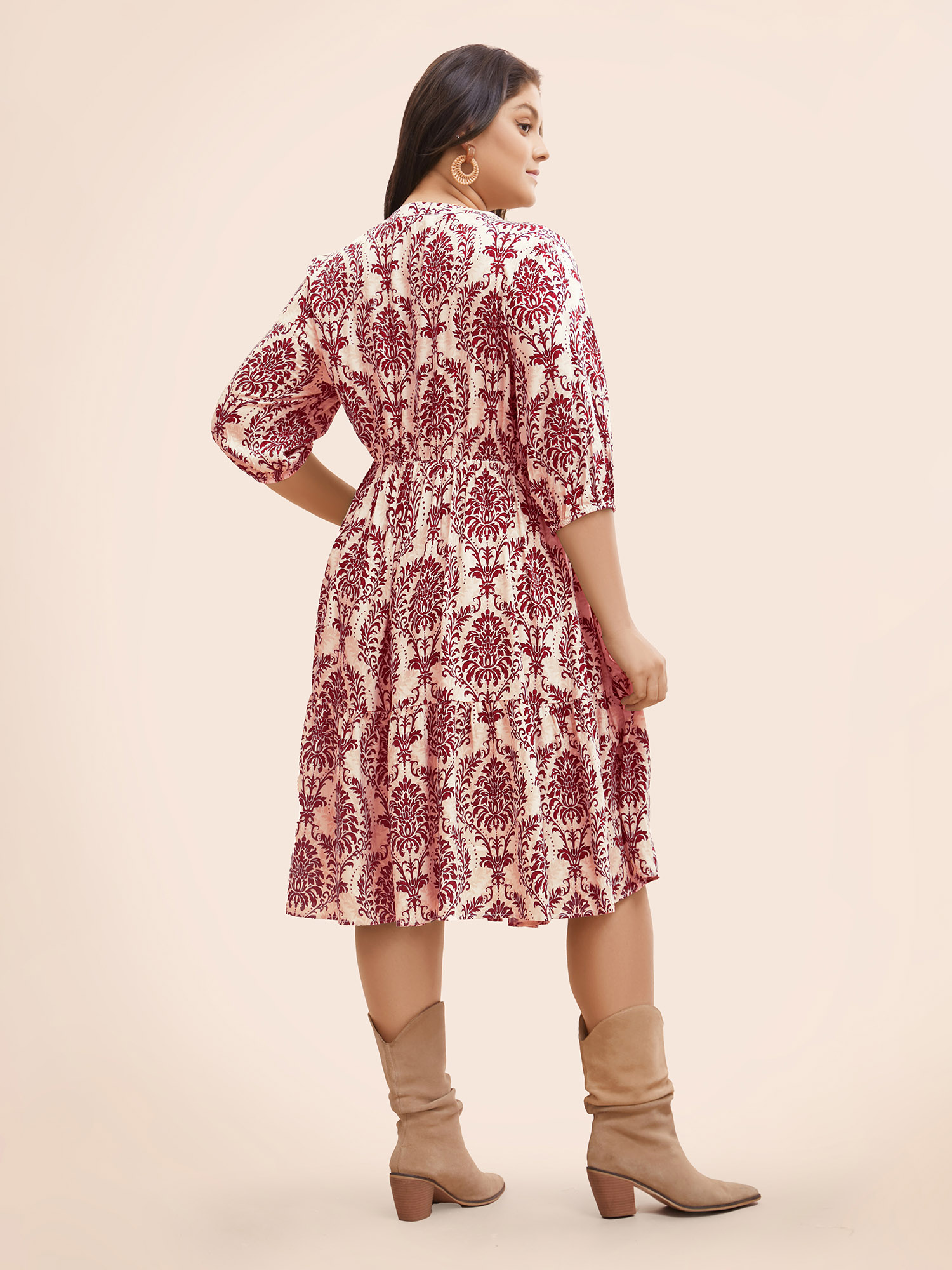 

Plus Size Damask Print Tie Knot Puff Sleeve Dress Rust Women Resort Tie knot V-neck Elbow-length sleeve Curvy BloomChic