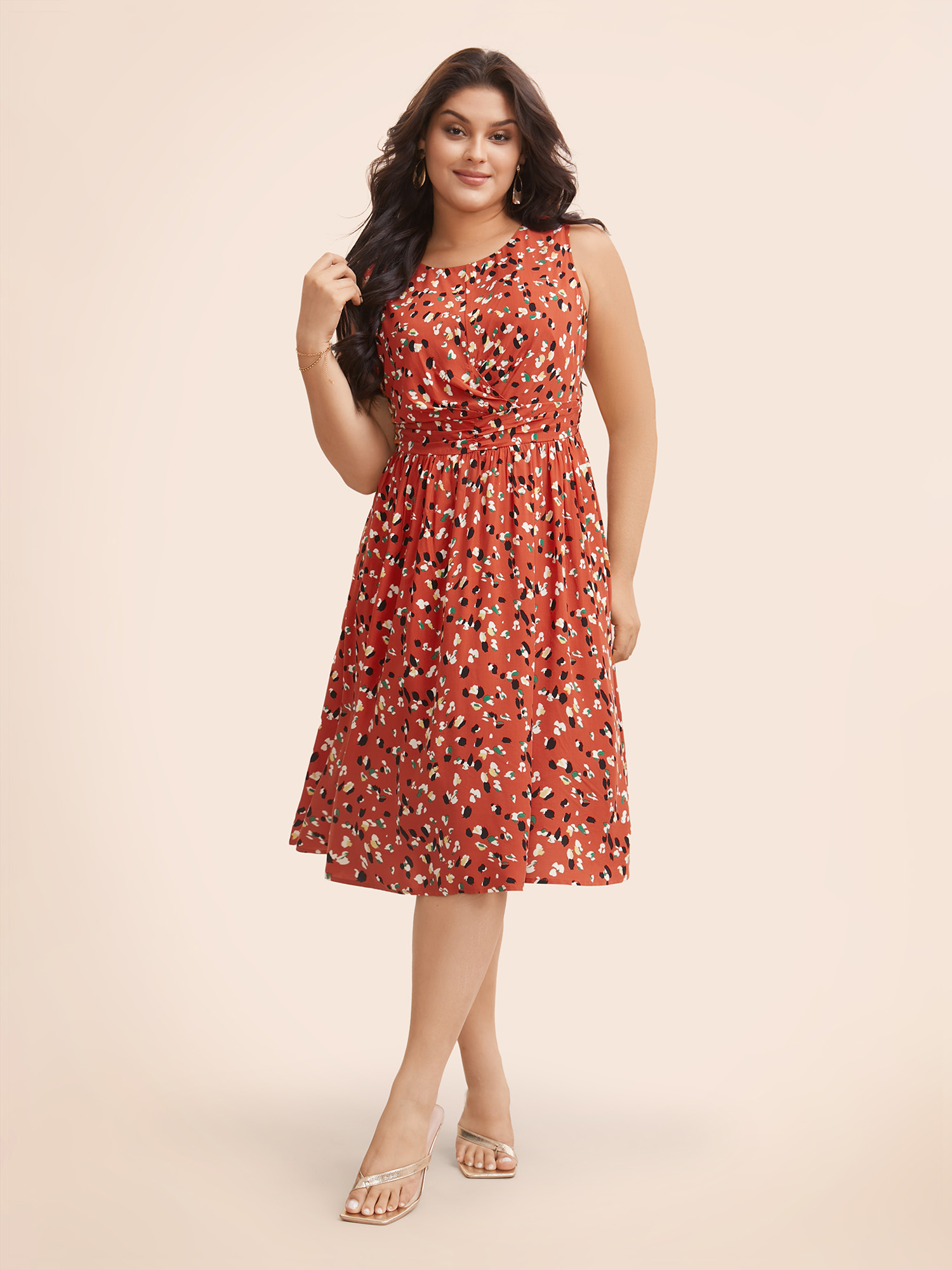 

Plus Size Allover Print Pocket Flutter Crossover Ruched Tank Dress OrangeRed Women Elegant Twist Round Neck Sleeveless Curvy Midi Dress BloomChic