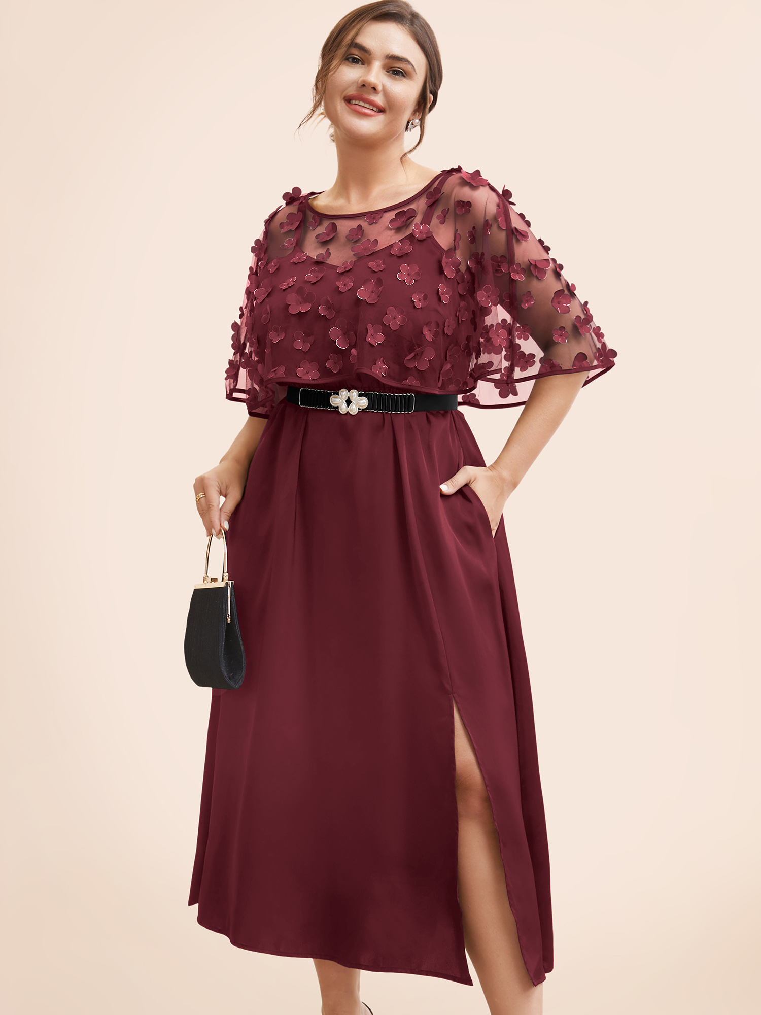 

Plus Size Two-Piece Appliques Mesh Shawl Split Hem Dress Burgundy Women Cocktail Texture Round Neck Short sleeve Curvy BloomChic