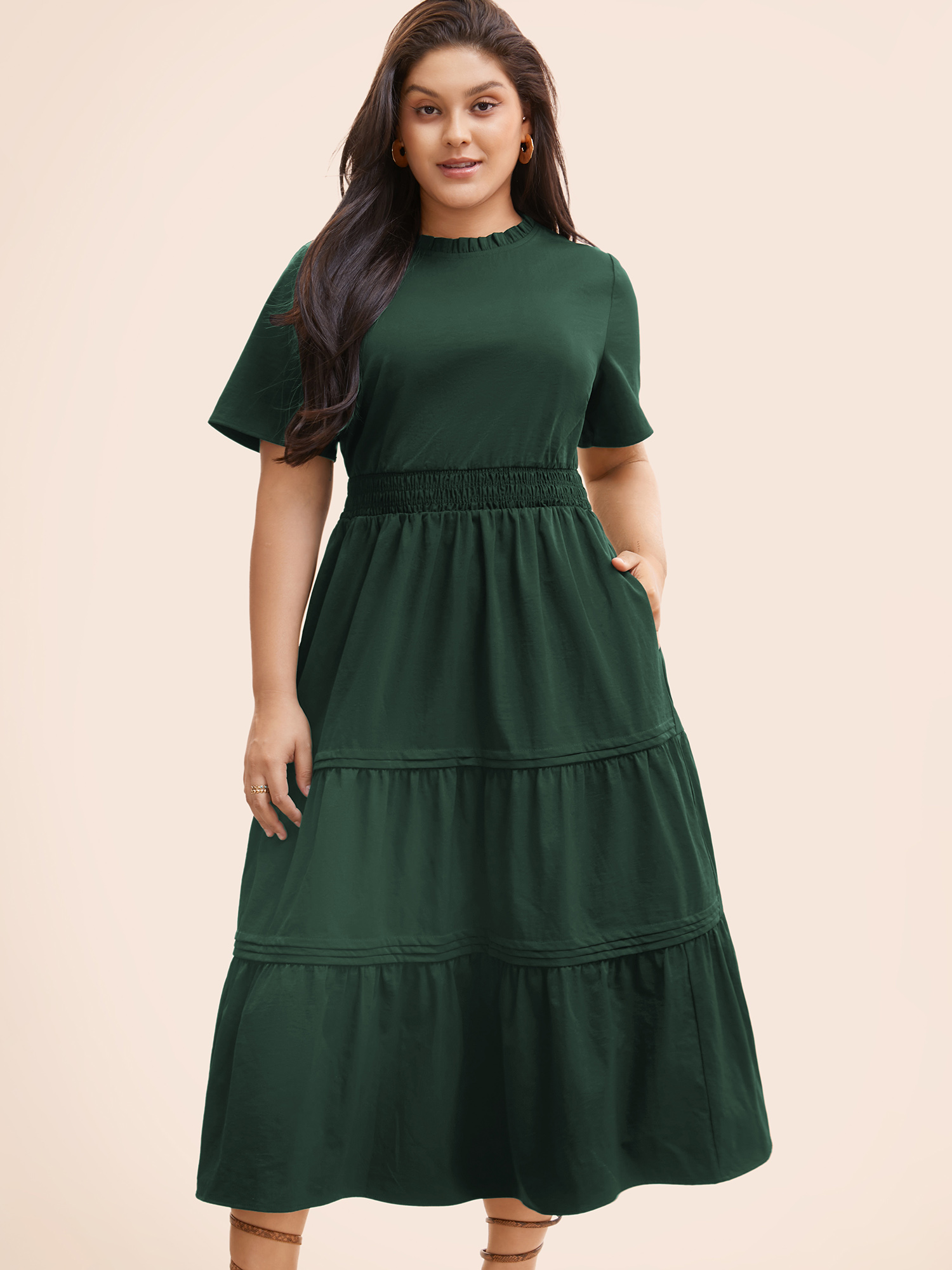 

Plus Size Plain Frill Trim Ruffle Layered Hem Dress Cyan Women Resort Tucked seam Mock Neck Short sleeve Curvy BloomChic