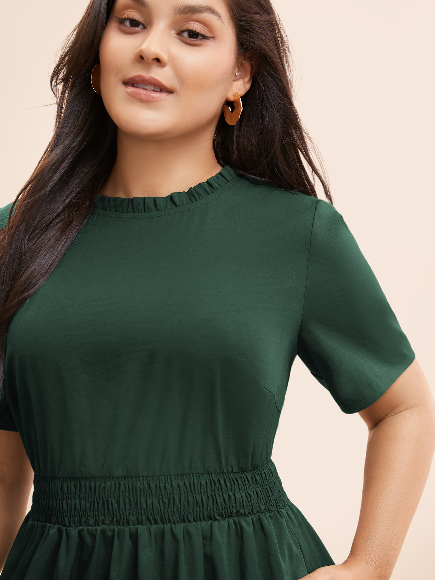 

Plus Size Plain Frill Trim Ruffle Layered Hem Dress Cyan Women Resort Tucked seam Mock Neck Short sleeve Curvy BloomChic