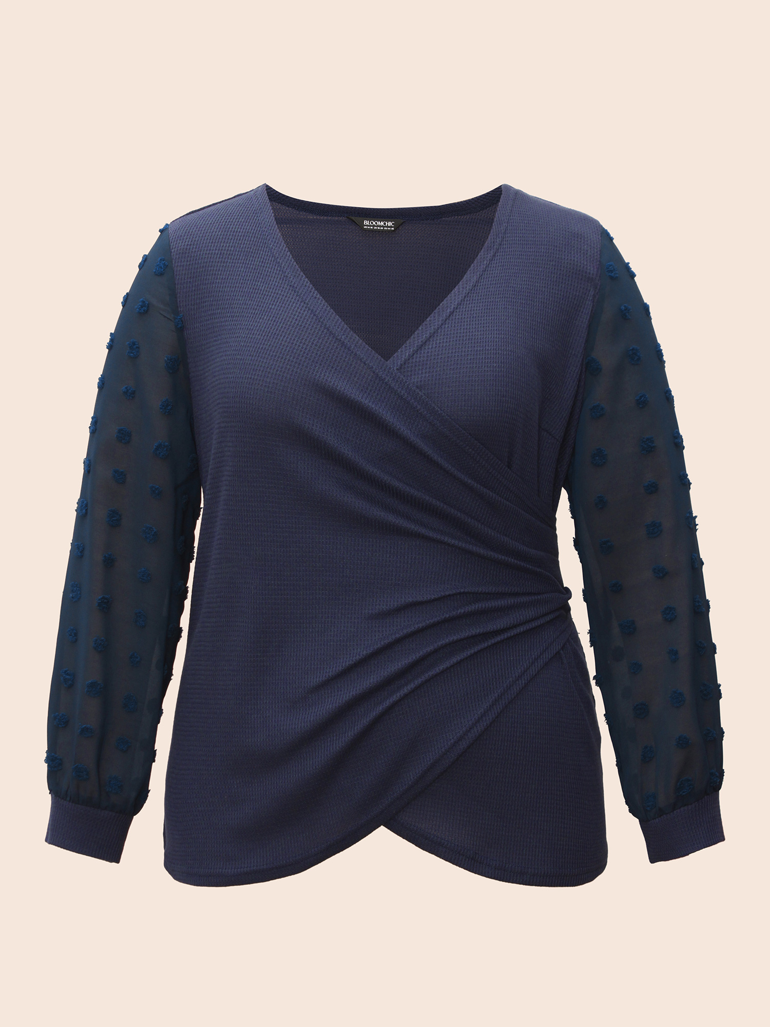 

Plus Size Waffle Knit Patchwork Mesh Overlapping T-shirt Indigo Women Elegant Overlapping V-neck Bodycon Everyday T-shirts BloomChic