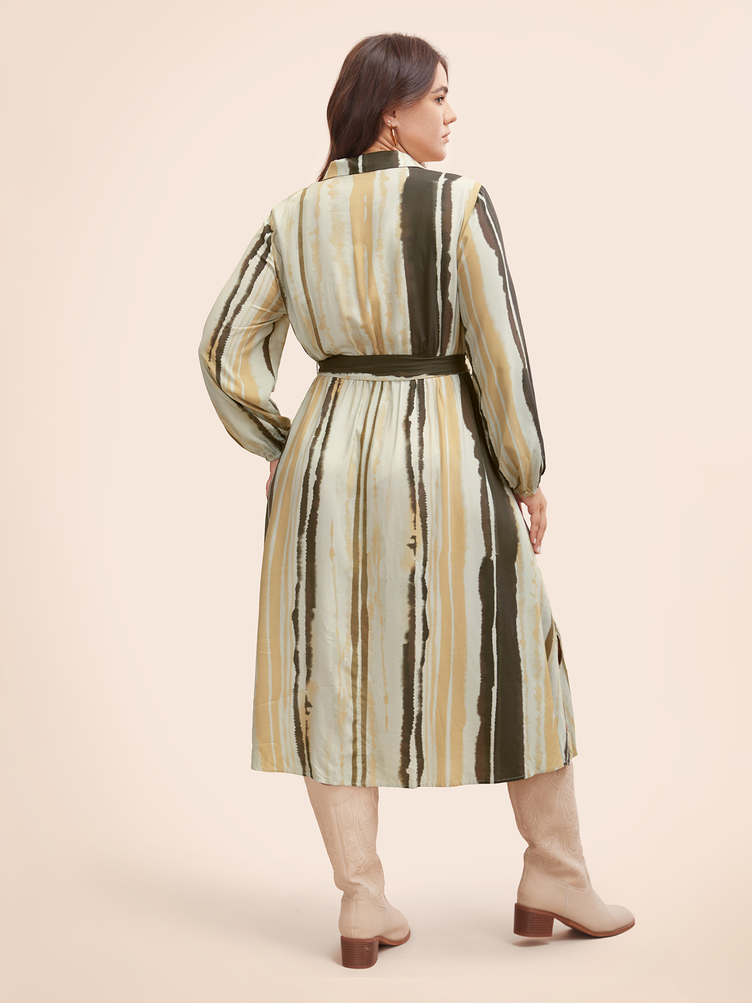 Plus Size Shirt Collar Striped Pocket Belted Dress Multicolor Women Elegant Belted Shirt collar Long Sleeve Curvy BloomChic 10/M 