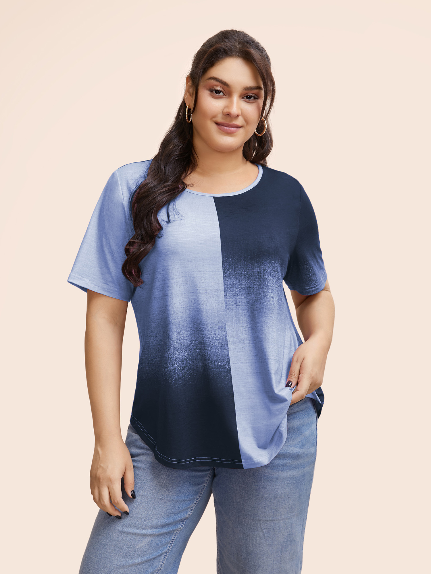 

Plus Size Ombre Heather Contrast Round Neck T-shirt Stone Women Casual Non Round Neck Everyday T-shirts BloomChic