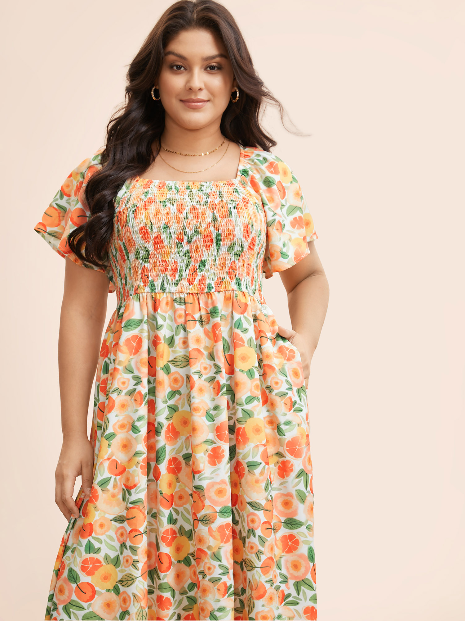 

Plus Size Floral Backless Shirred Square Neck Pocket Ruffle Hem Dress Salmon Women Elegant Non Square Neck Short sleeve Curvy Midi Dress BloomChic