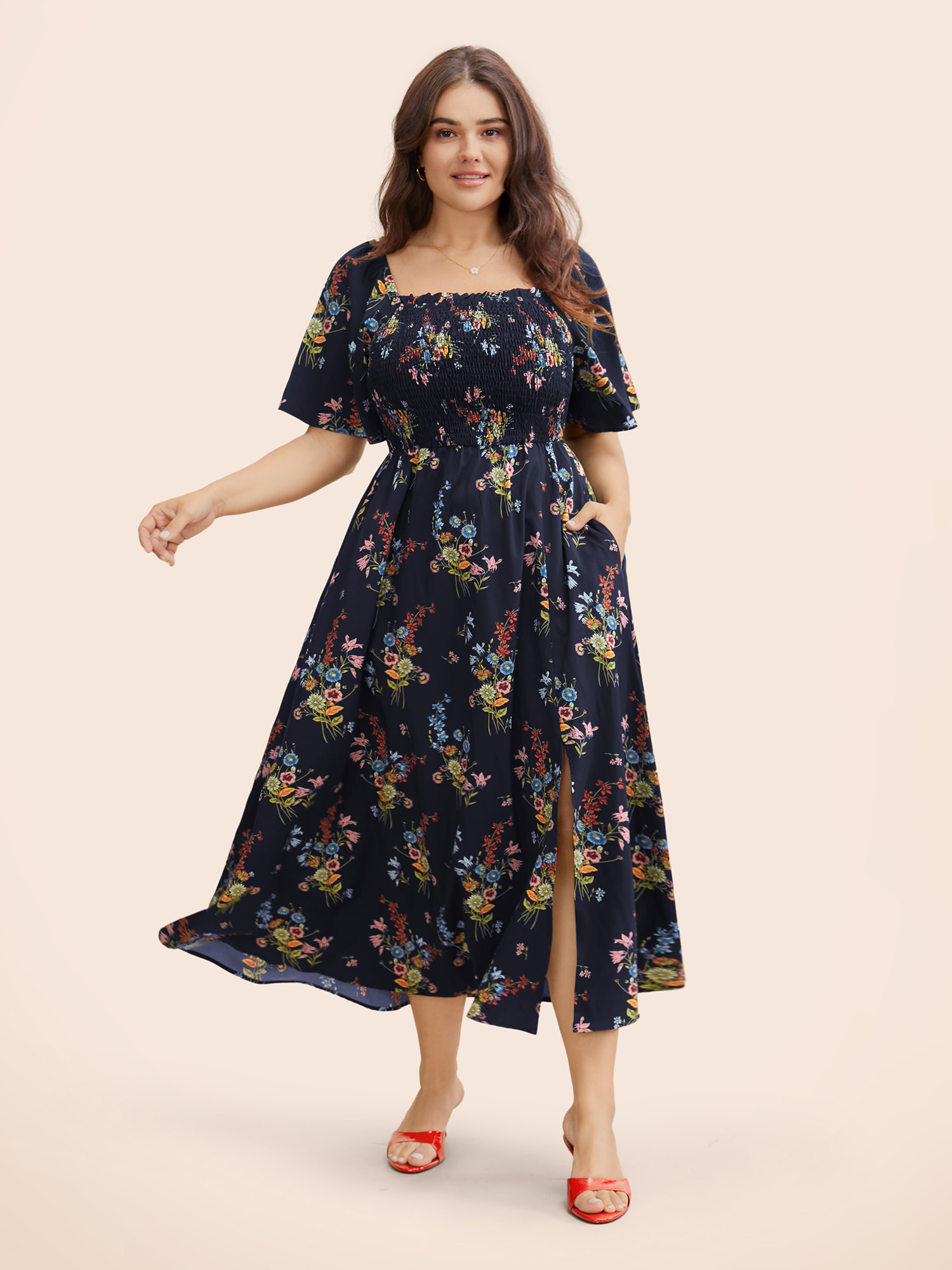 

Plus Size Ditsy Floral Shirred Split Hem Dress Indigo Women Elegant Frill Trim Square Neck Short sleeve Curvy BloomChic