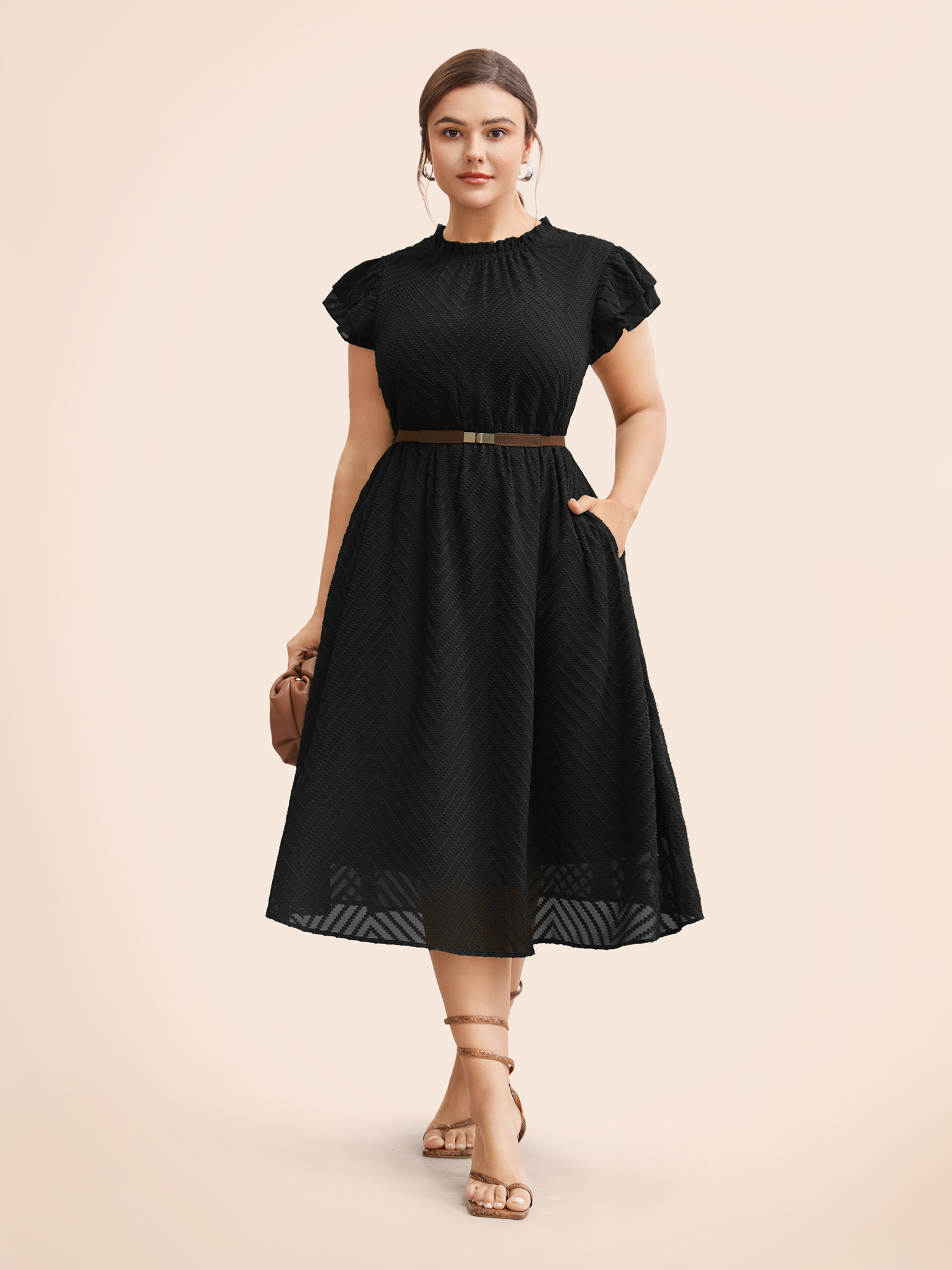 

Plus Size Plain Geometric Layered Sleeve Pocket Ruffle Mock Neck Dress Pureblack Women Office See through Round Neck Cap Sleeve Curvy Midi Dress BloomChic