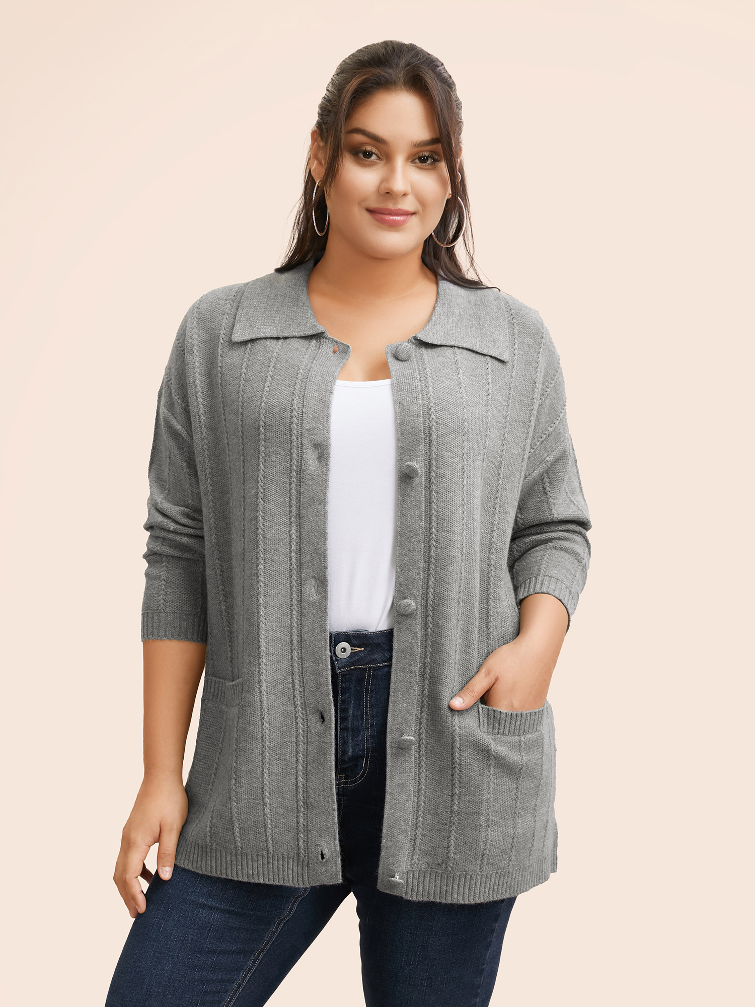 

Plus Size Plain Textured Polo Neck Pocket Cardigan Mediumgray Women Casual Loose Long Sleeve Everyday Cardigans BloomChic