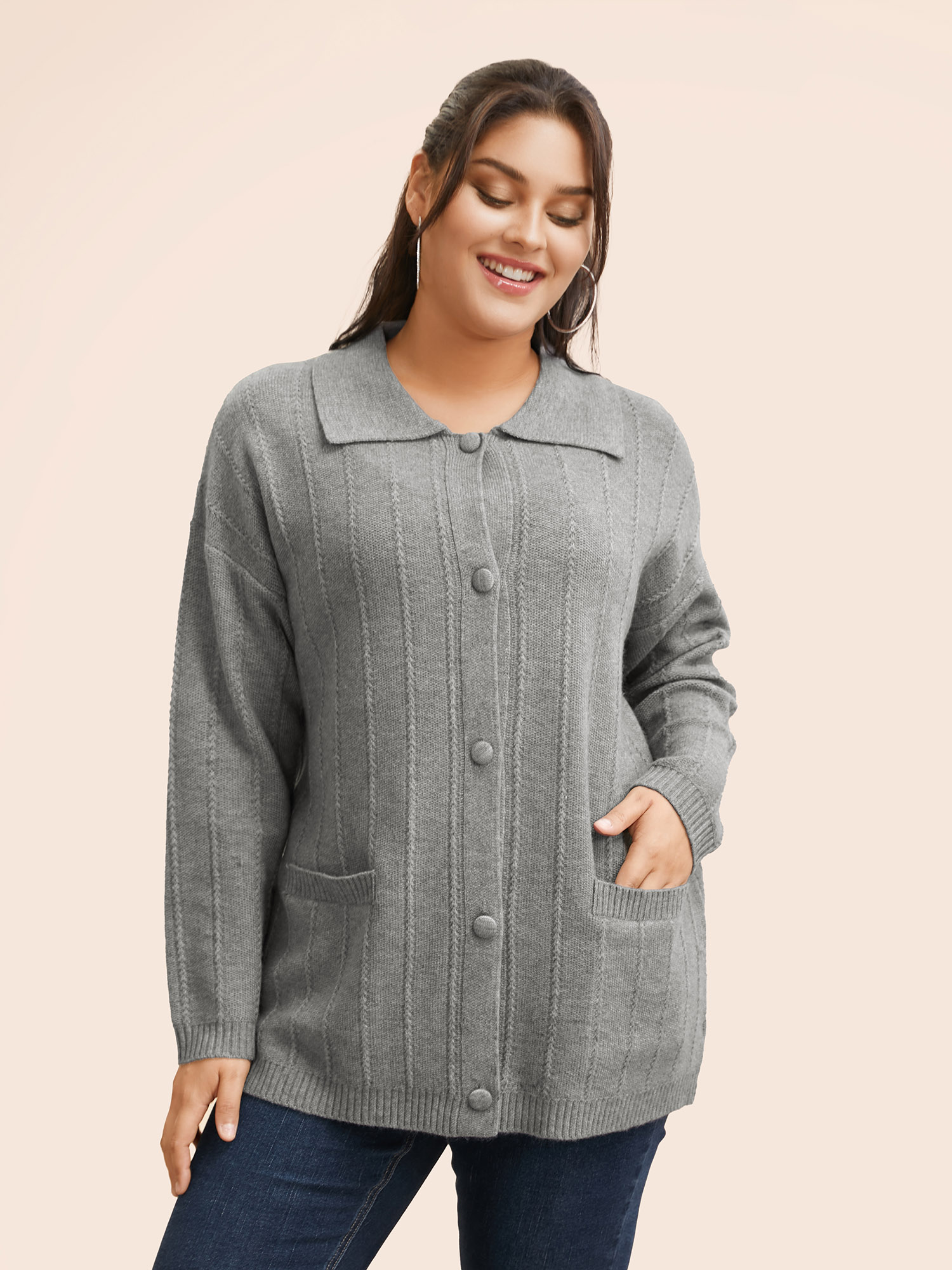 

Plus Size Plain Textured Polo Neck Pocket Cardigan Mediumgray Women Casual Loose Long Sleeve Everyday Cardigans BloomChic