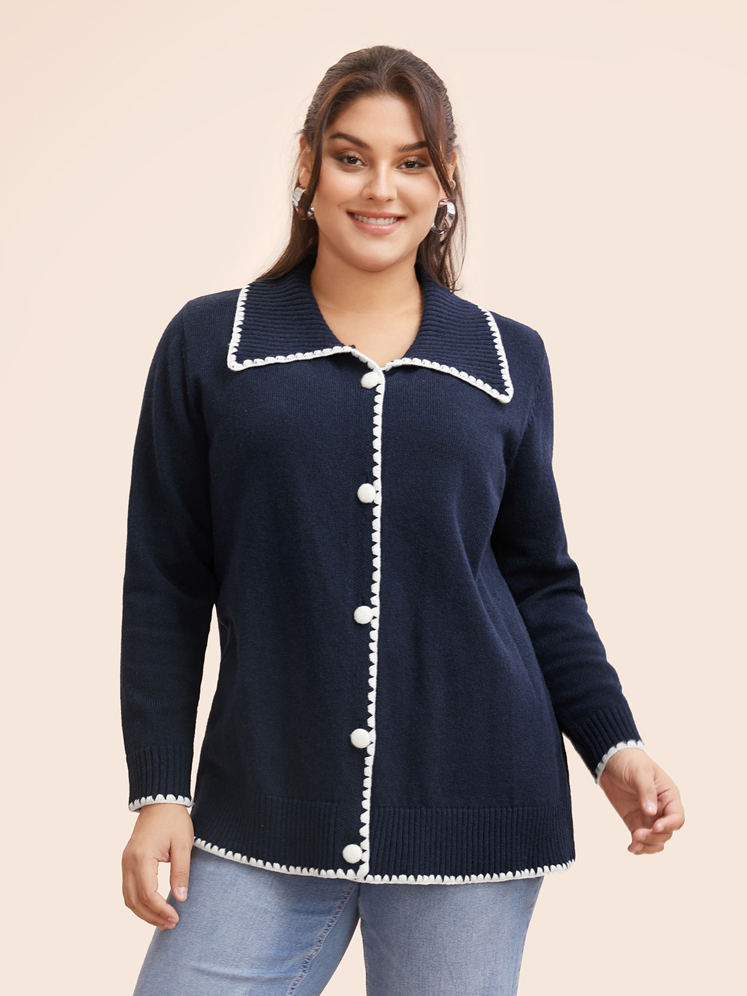 

Plus Size Lapel Collar Contrast Trim Cardigan Indigo Women Casual Long Sleeve Everyday Cardigans BloomChic