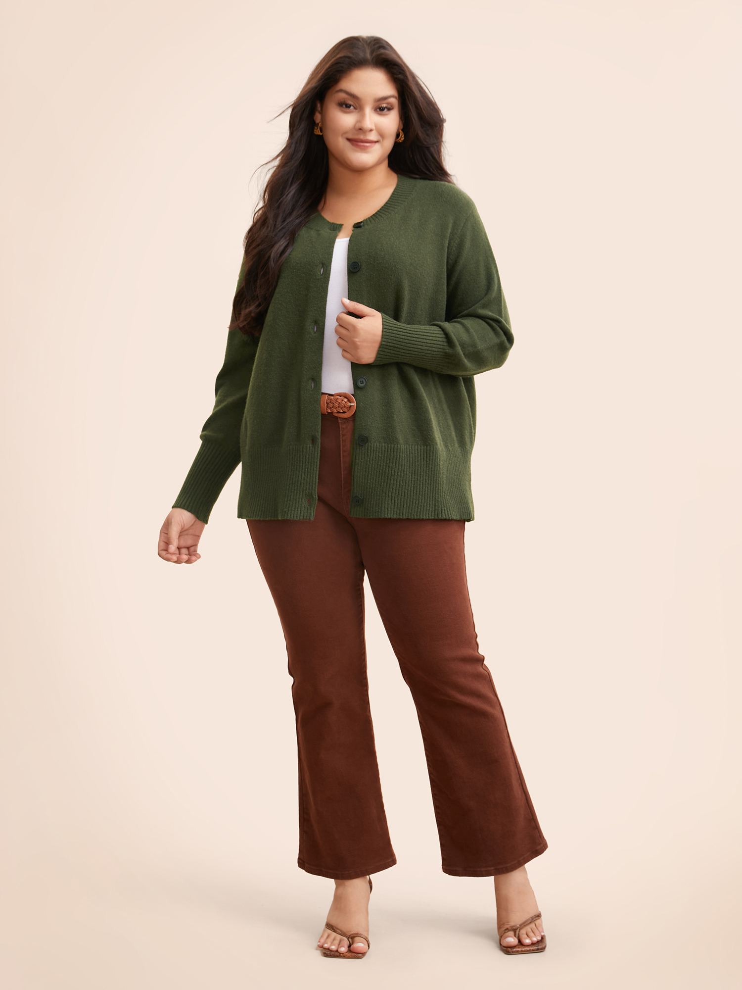 

Plus Size Plain Round Neck Button Through Cardigan DarkGreen Women Casual Long Sleeve Everyday Cardigans BloomChic