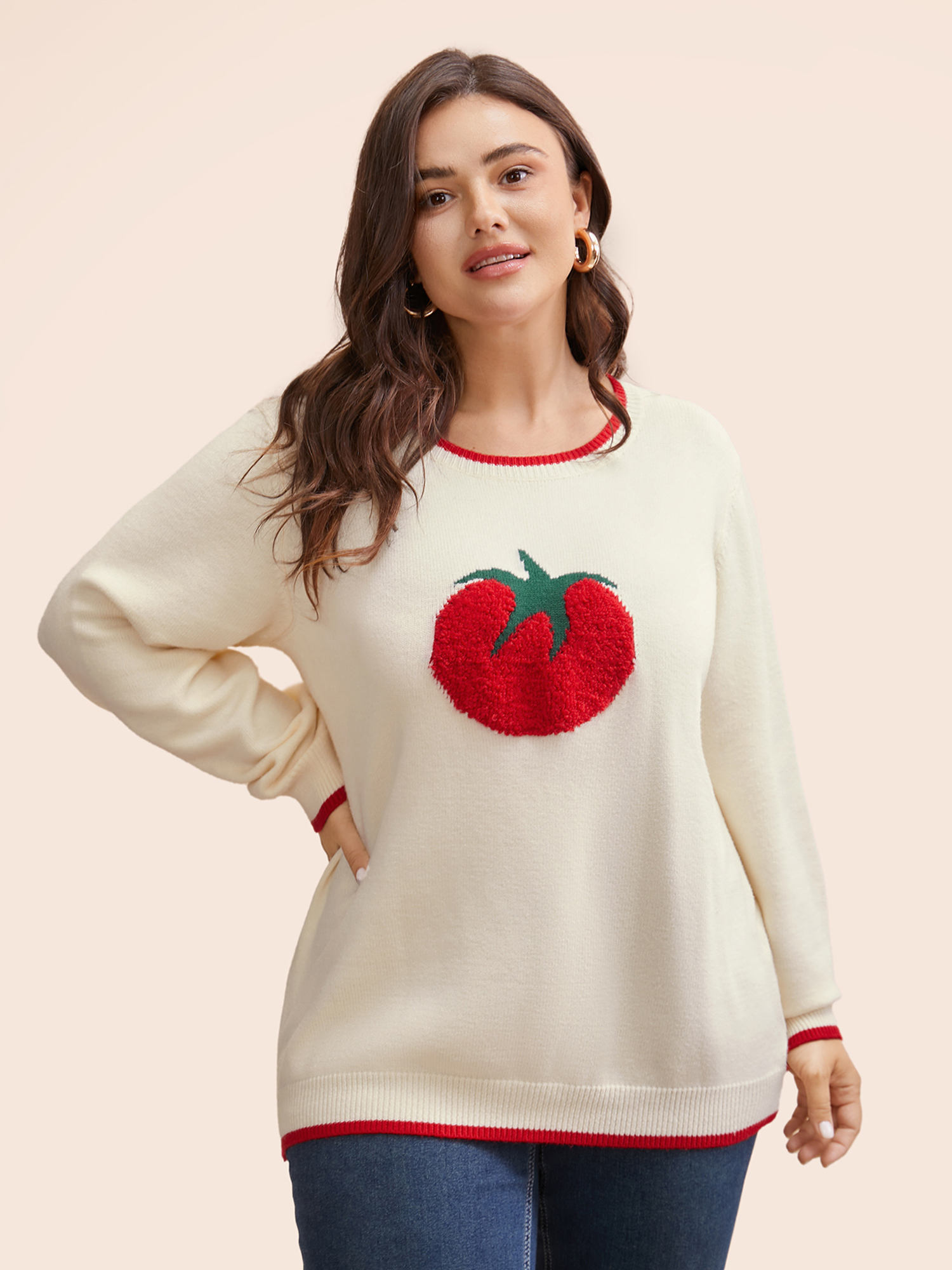 

Plus Size Tomato Pattern Embroidered Contrast Trim Pullover Beige Women Casual Long Sleeve Round Neck Everyday Pullovers BloomChic