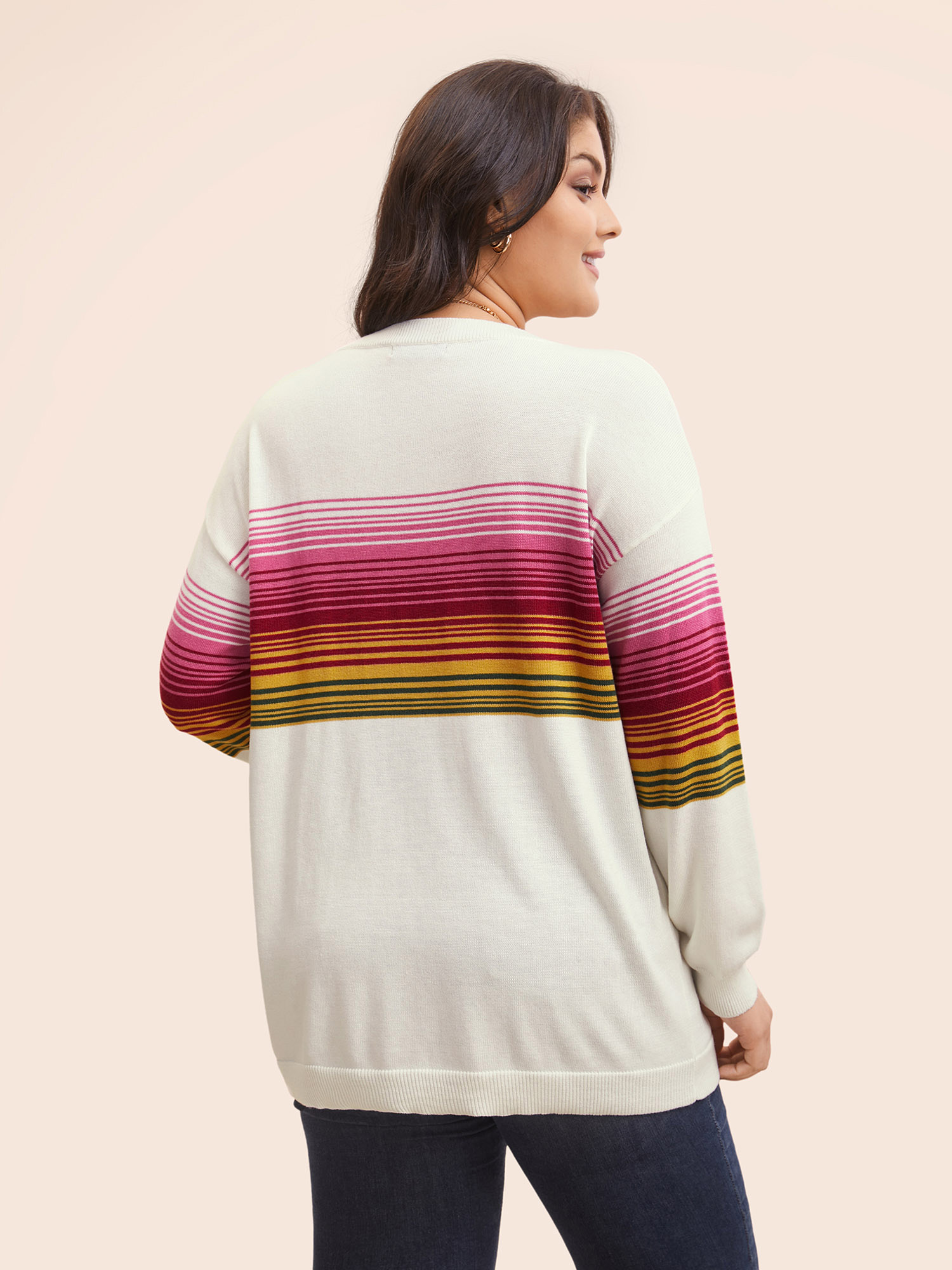 

Plus Size Round Neck Colored Striped Drop Shoulder Pullover Ivory Women Casual Long Sleeve Round Neck Everyday Pullovers BloomChic