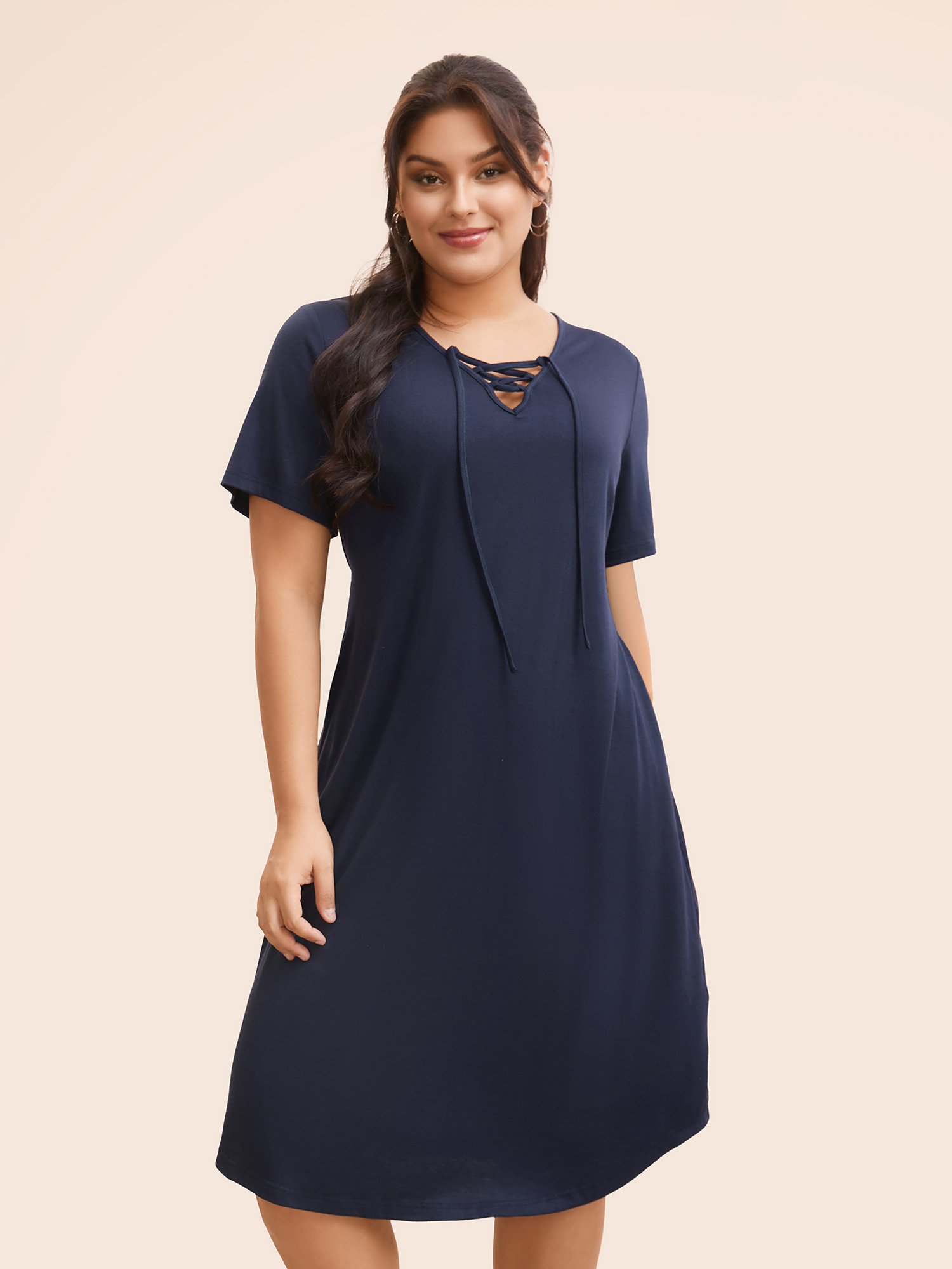 

Plus Size Solid Lace Up Pocket Midi Dress Indigo Women Casual Wraparound straps V-neck Short sleeve Curvy BloomChic