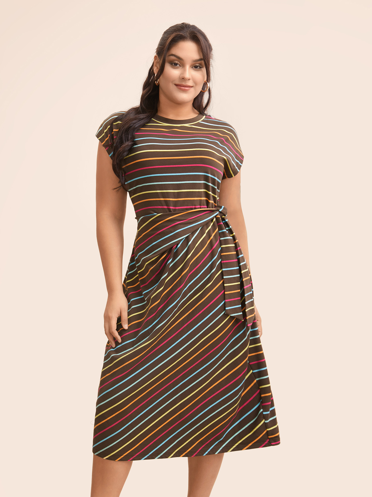 

Plus Size Colored Striped Tie Knot Cap Sleeve Dress Browncoffeecolor Women Casual Tie knot Boat Neck Cap Sleeve Curvy BloomChic