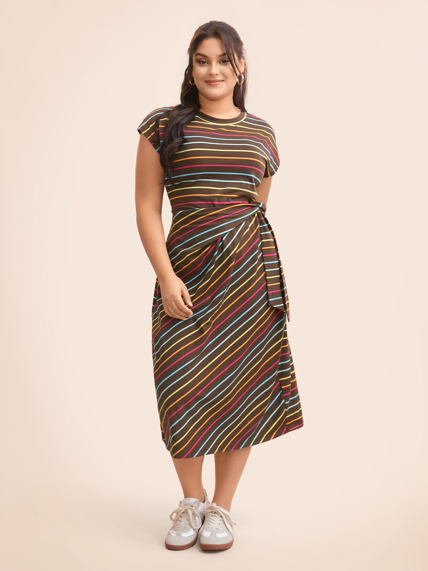 

Plus Size Colored Striped Tie Knot Cap Sleeve Dress Browncoffeecolor Women Casual Tie knot Boat Neck Cap Sleeve Curvy BloomChic