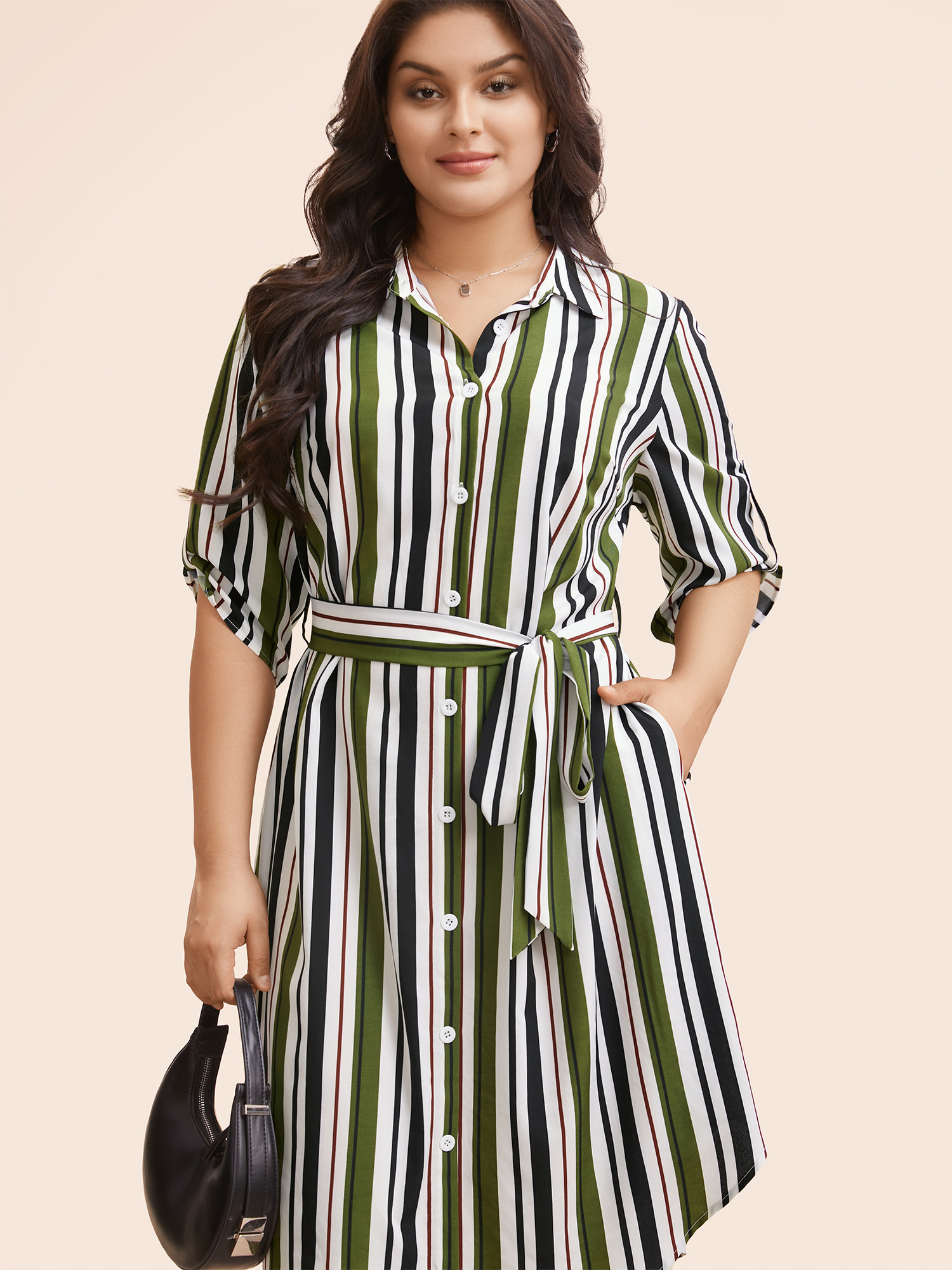 

Plus Size Striped Tab Sleeve Arc Hem Dress Multicolor Women Workwear Essentials Belted Shirt collar Elbow-length sleeve Curvy BloomChic