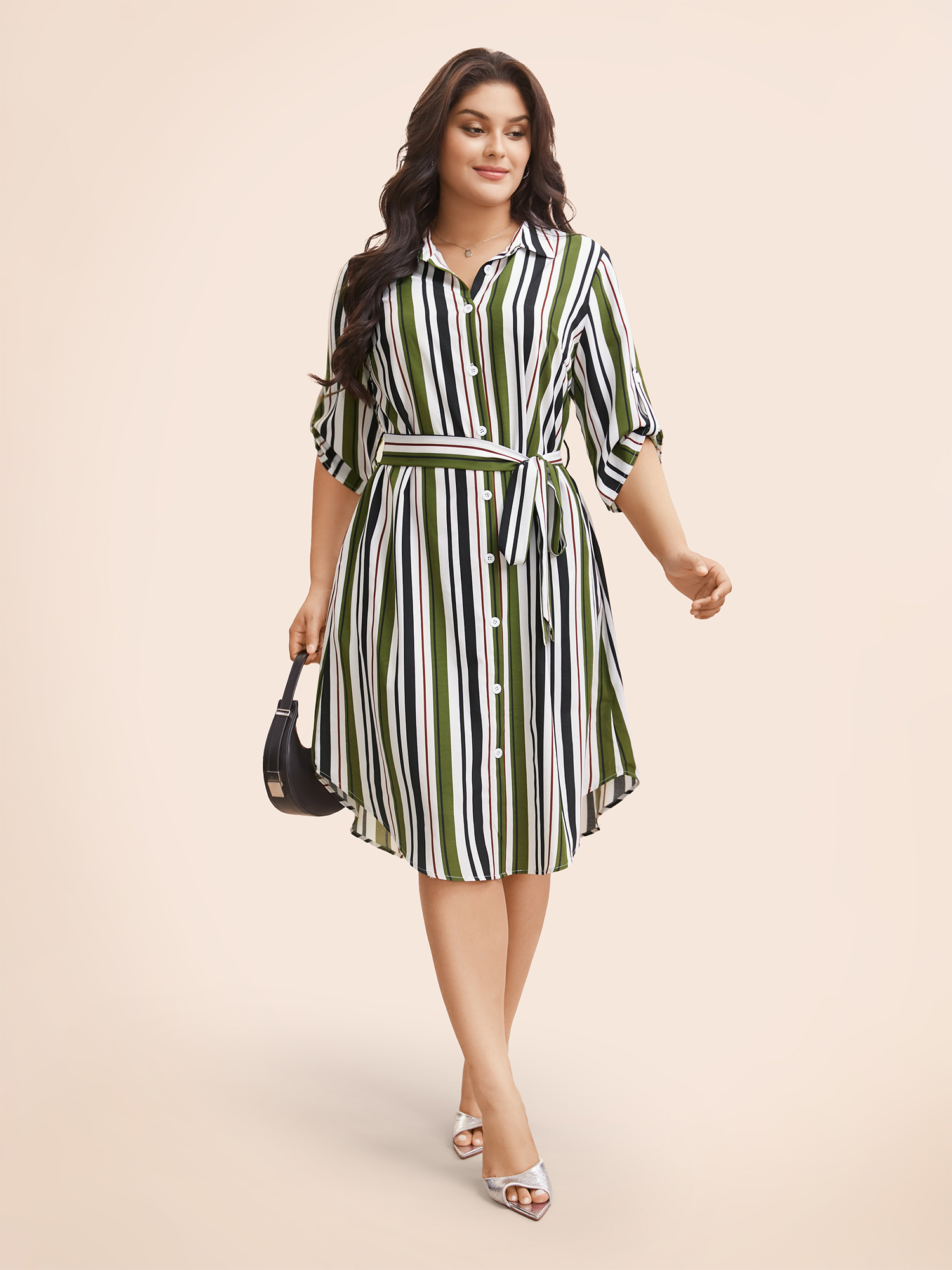 

Plus Size Striped Tab Sleeve Arc Hem Dress Multicolor Women Workwear Essentials Belted Shirt collar Elbow-length sleeve Curvy BloomChic