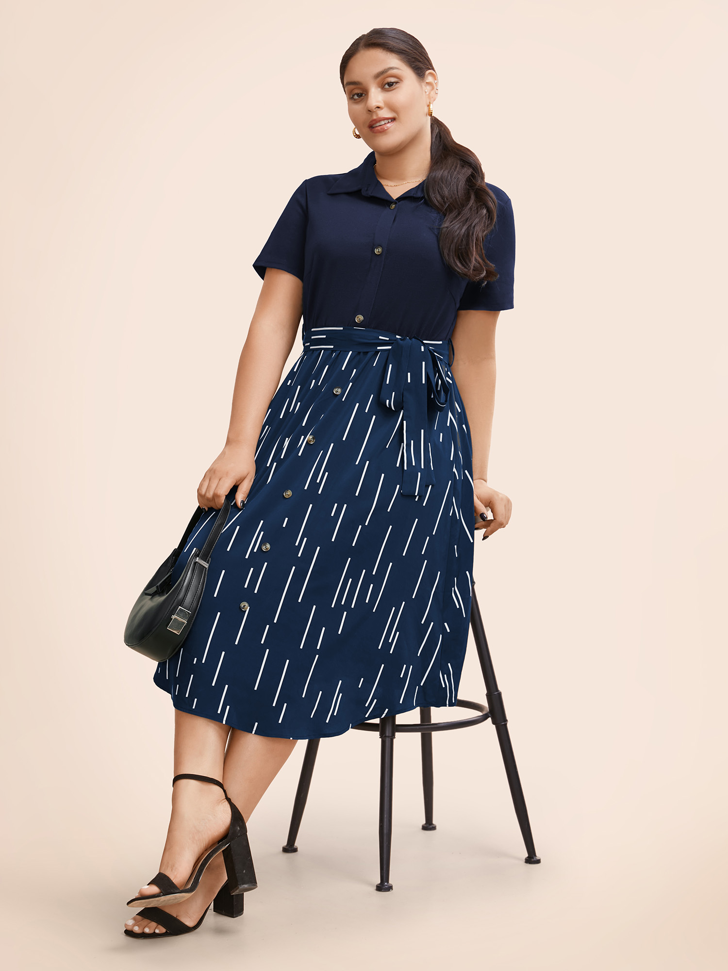 

Plus Size Striped Patchwork Button Detail Belted Dress DarkBlue Women Workwear Essentials Belted Shirt collar Short sleeve Curvy BloomChic