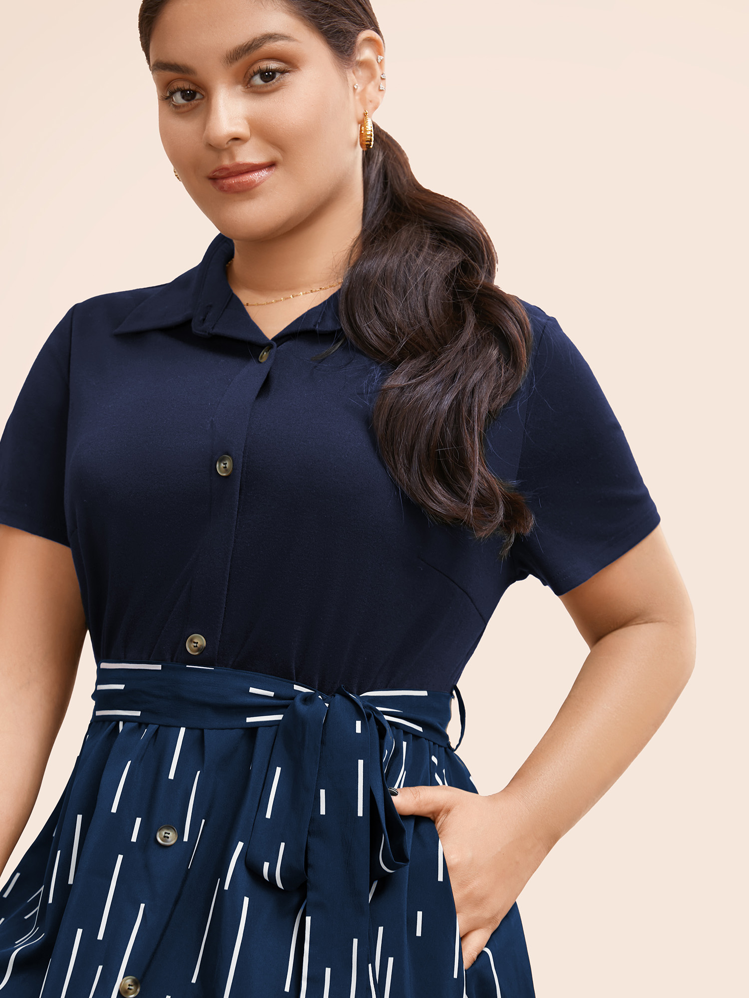 

Plus Size Striped Patchwork Button Detail Belted Dress DarkBlue Women Workwear Essentials Belted Shirt collar Short sleeve Curvy BloomChic