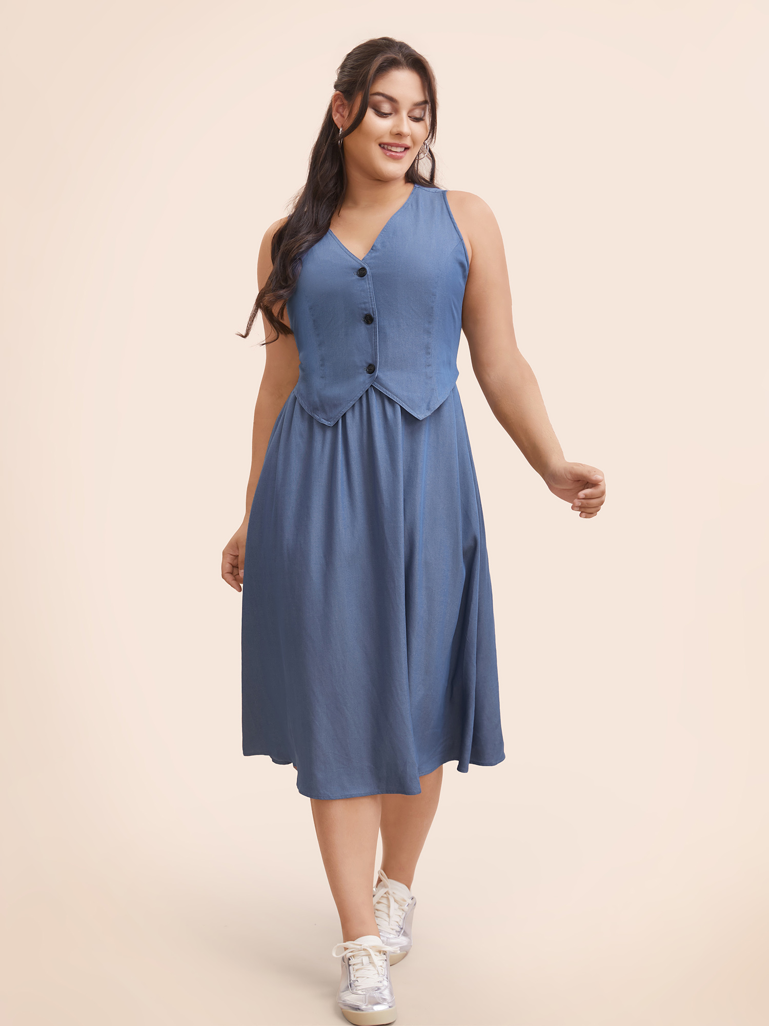 

Plus Size V Neck 2 In 1 Bodycon Dress DarkBlue Women Casual Button V-neck Sleeveless Curvy BloomChic