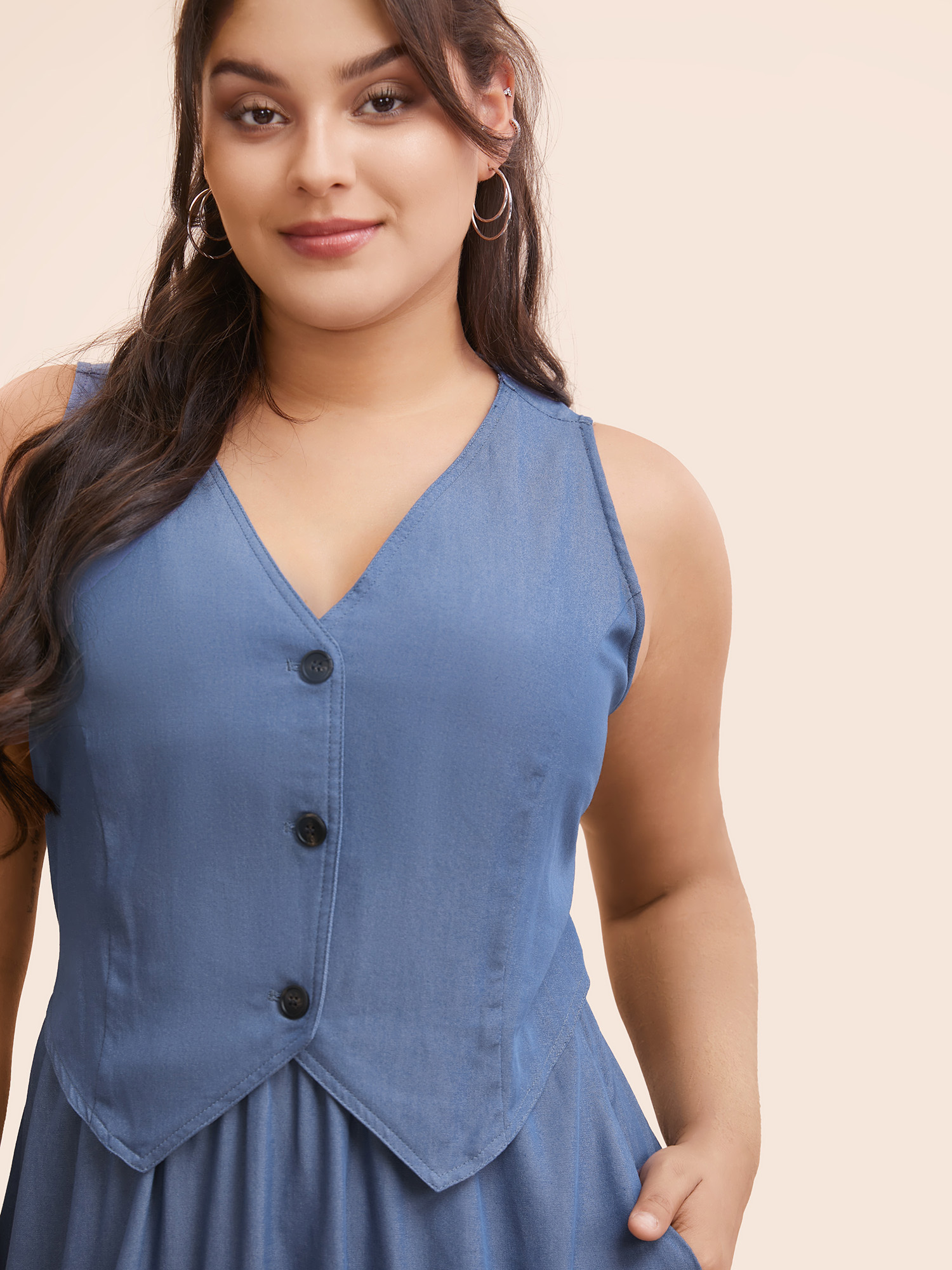 Plus Size V Neck 2 In 1 Bodycon Dress DarkBlue Women Casual Button V-neck Sleeveless Curvy BloomChic 30/6X 