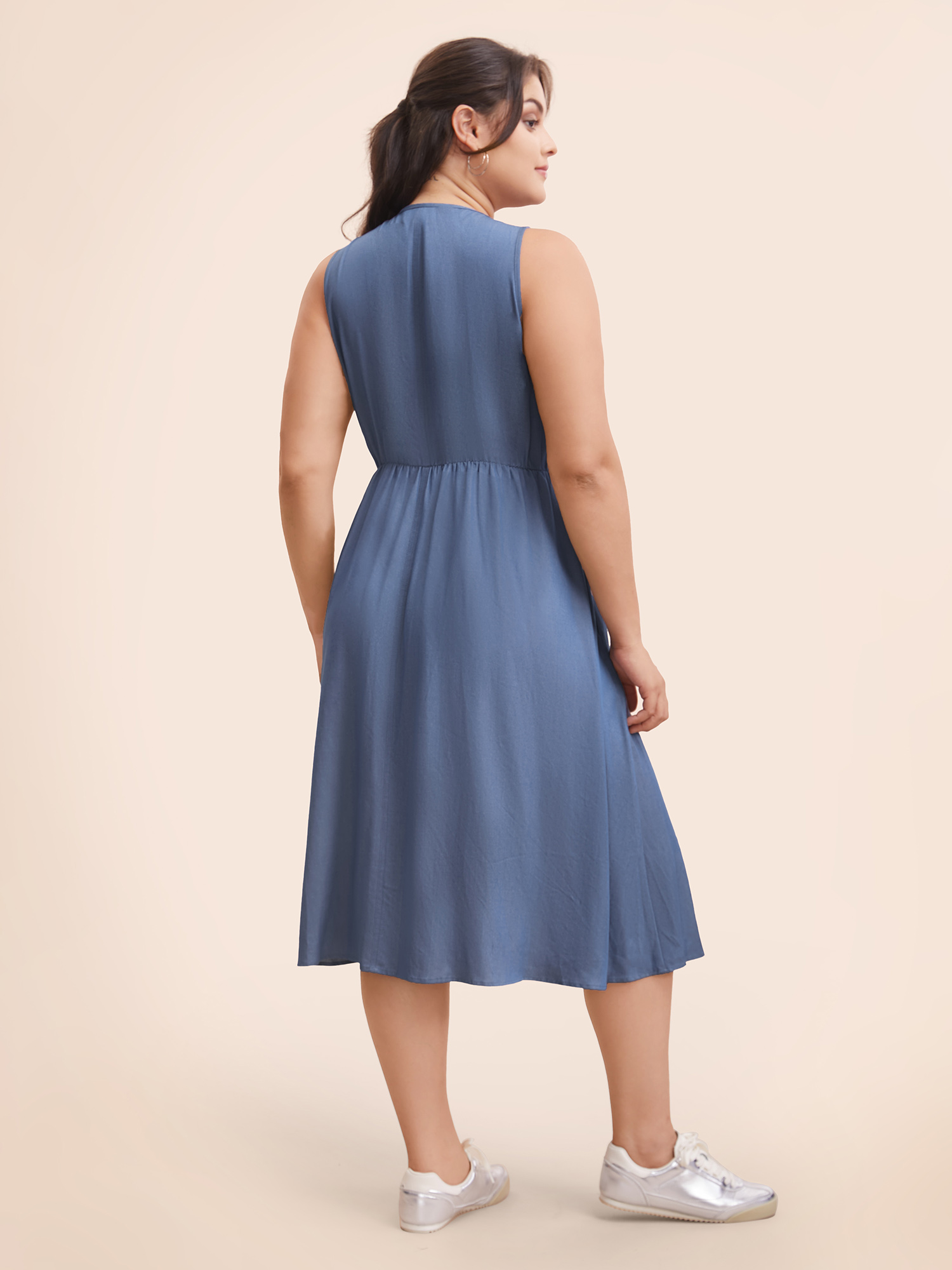 Plus Size V Neck 2 In 1 Bodycon Dress DarkBlue Women Casual Button V-neck Sleeveless Curvy BloomChic 30/6X 