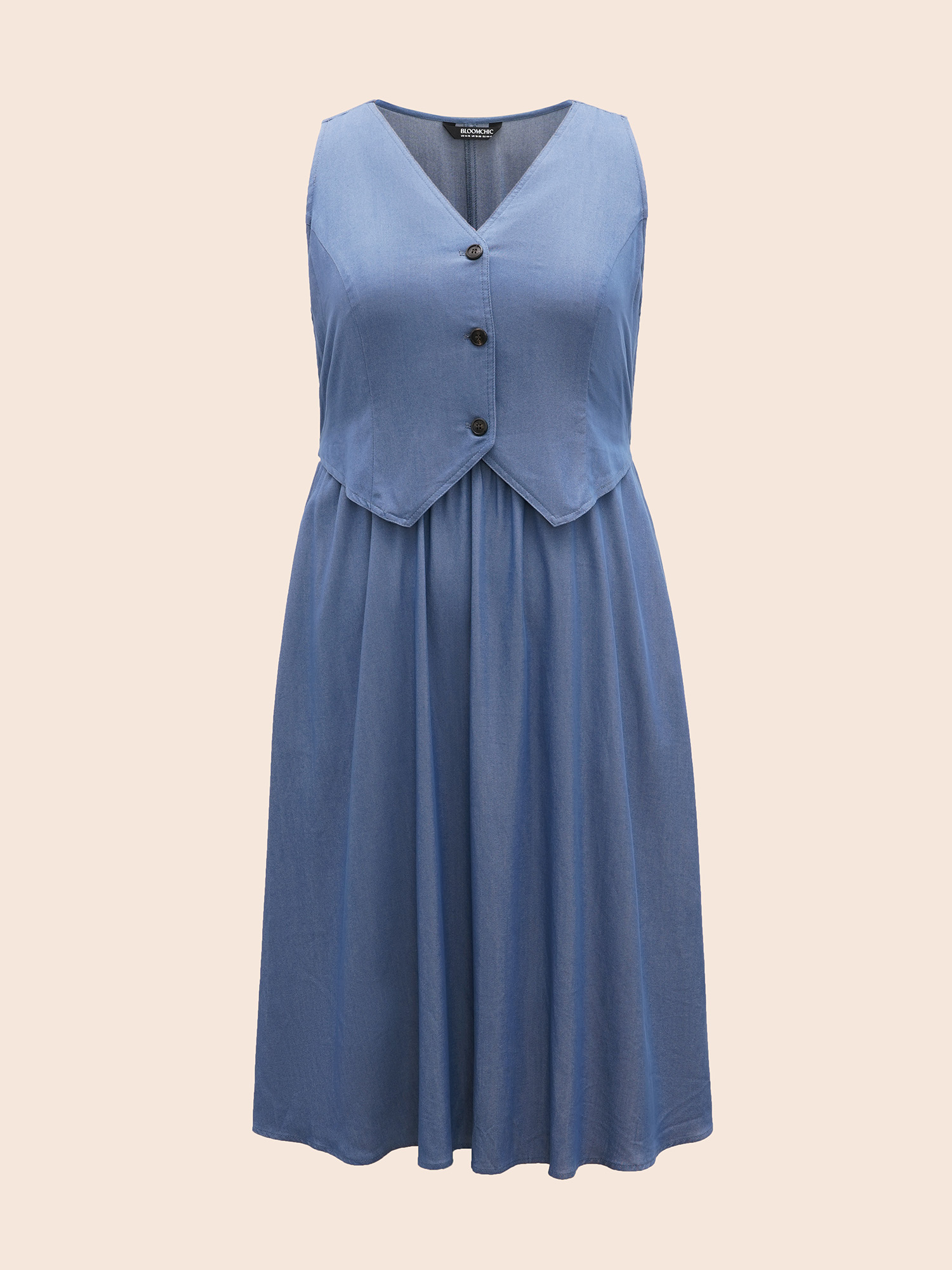 Plus Size V Neck 2 In 1 Bodycon Dress DarkBlue Women Casual Button V-neck Sleeveless Curvy BloomChic 30/6X 