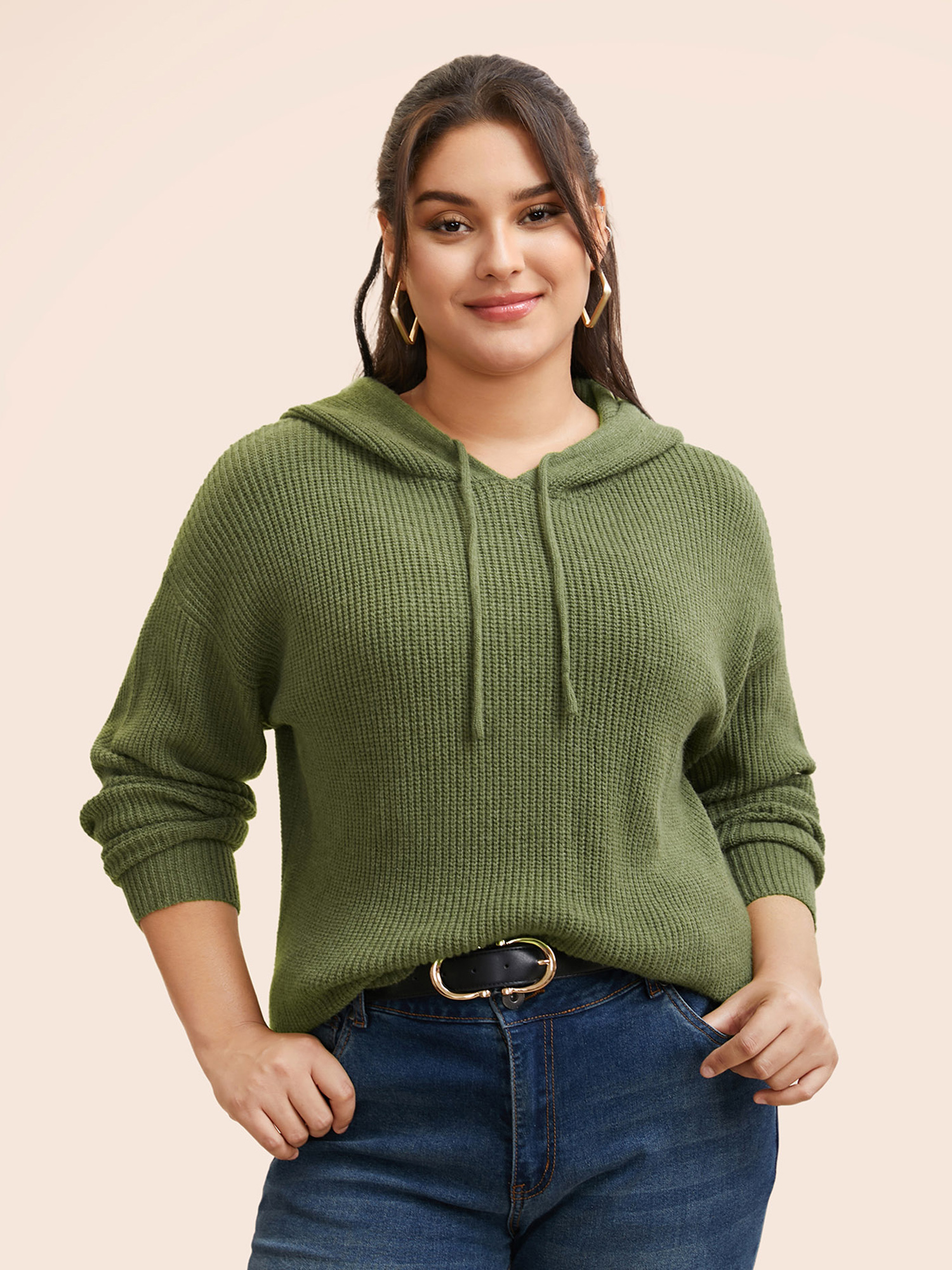 

Plus Size Plain Textured Drop Shoulder Hooded Pullover Moss Women Casual Long Sleeve Hooded Everyday Pullovers BloomChic