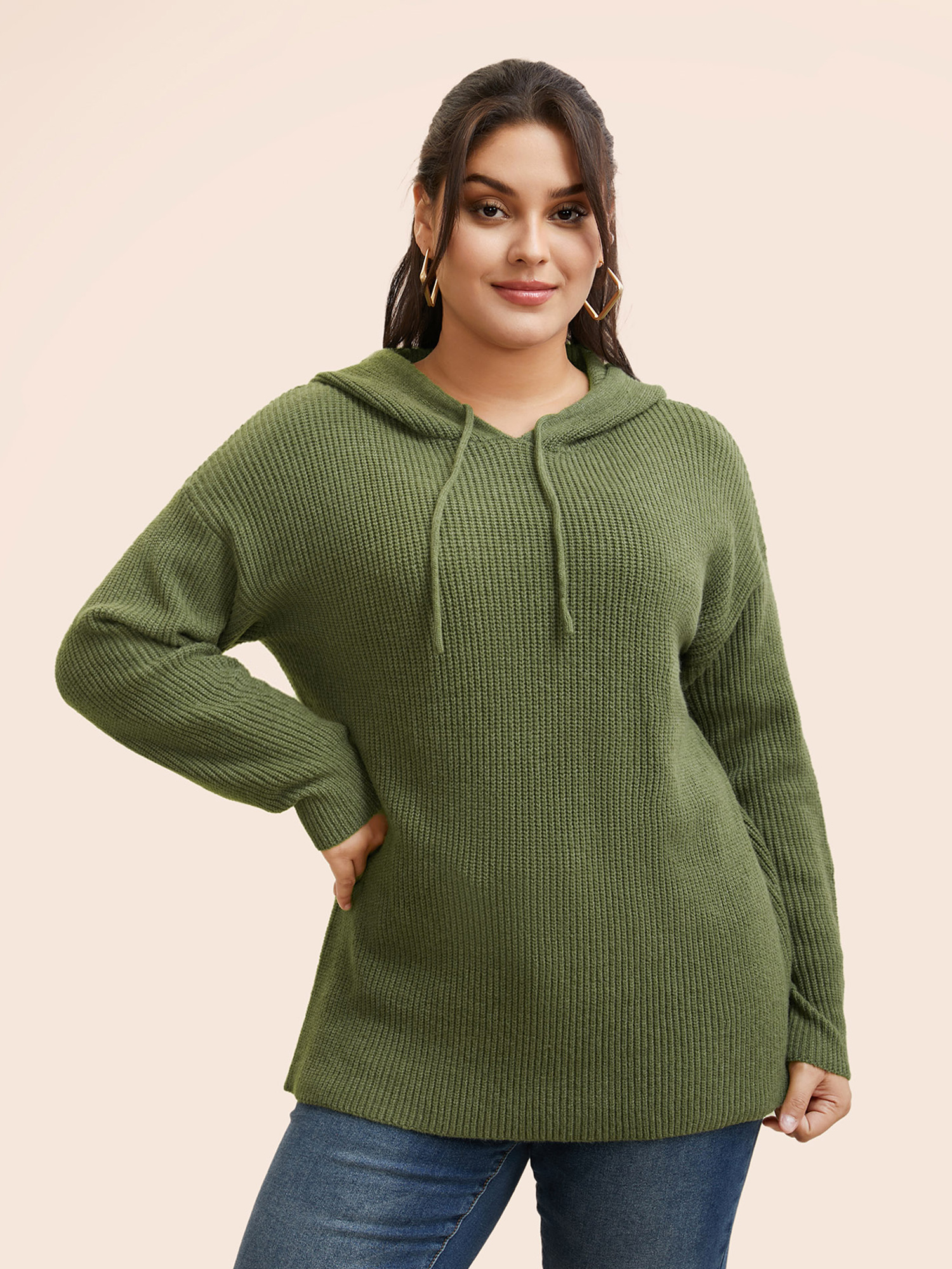 

Plus Size Plain Textured Drop Shoulder Hooded Pullover Moss Women Casual Long Sleeve Hooded Everyday Pullovers BloomChic