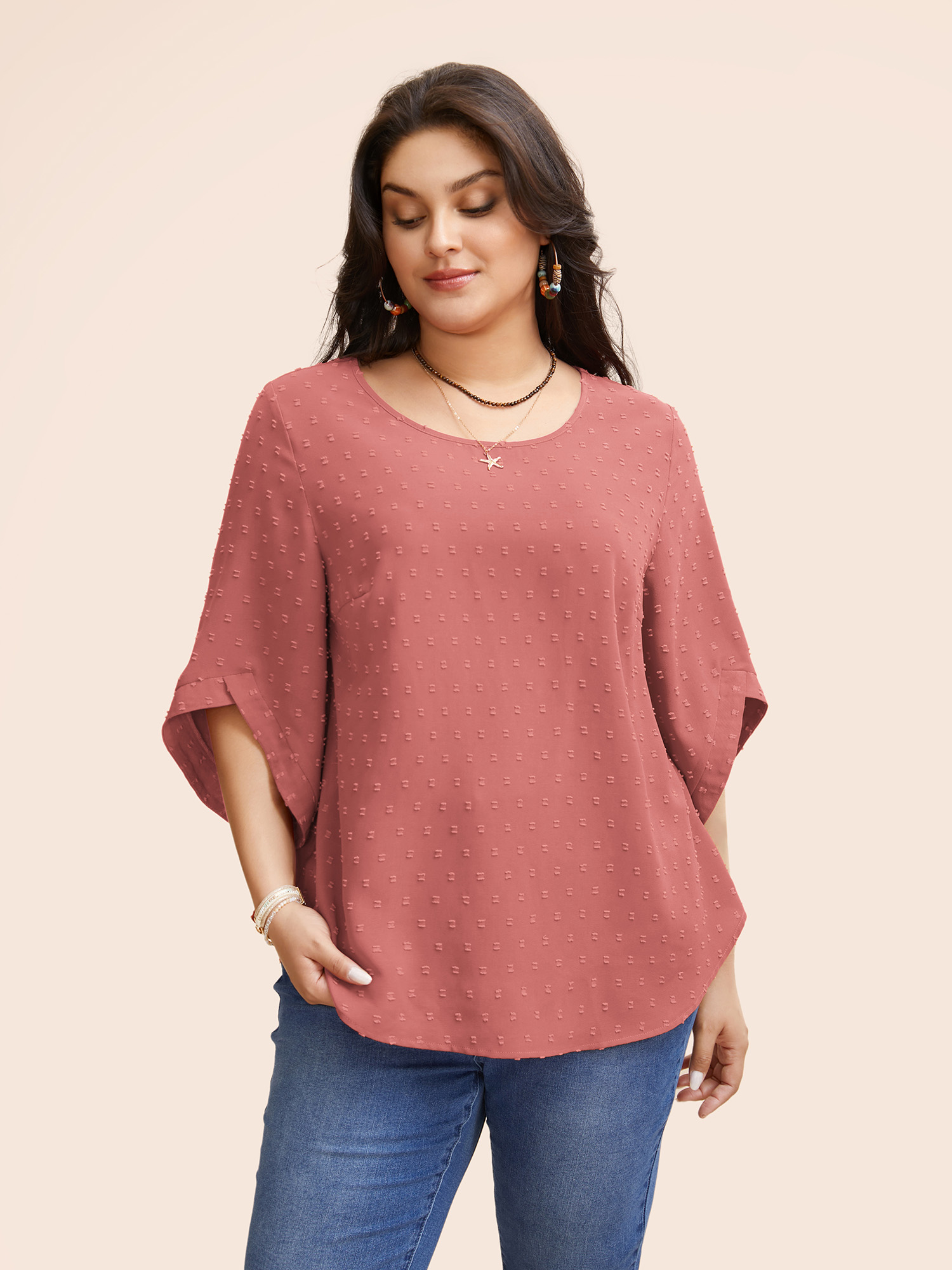 

Plus Size Beanpastepowder Textured Round Neck Bell Sleeve Blouse Women Elegant Elbow-length sleeve Round Neck Everyday Blouses BloomChic