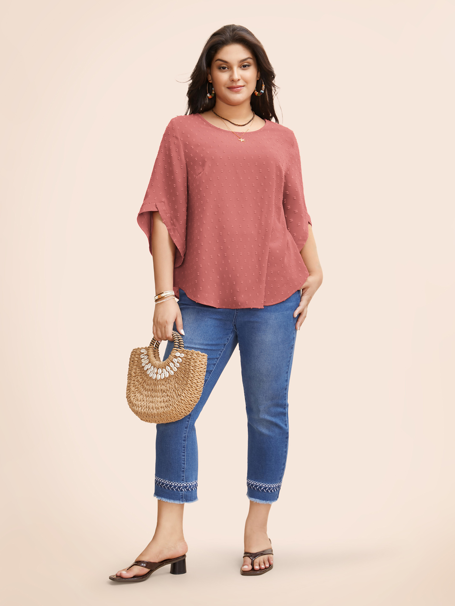 

Plus Size Beanpastepowder Textured Round Neck Bell Sleeve Blouse Women Elegant Elbow-length sleeve Round Neck Everyday Blouses BloomChic