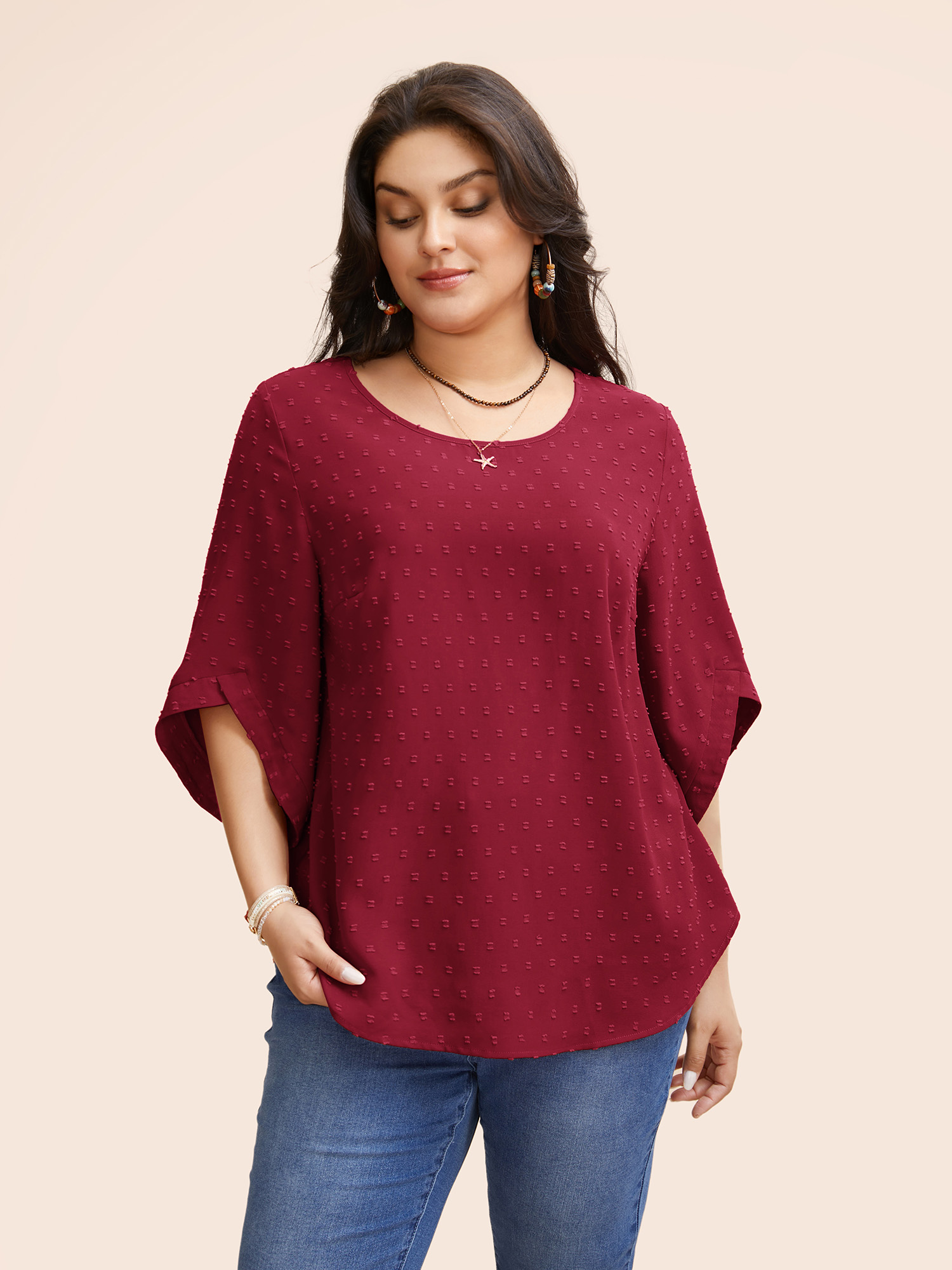 

Plus Size Deepred Textured Round Neck Bell Sleeve Blouse Women Elegant Elbow-length sleeve Round Neck Everyday Blouses BloomChic