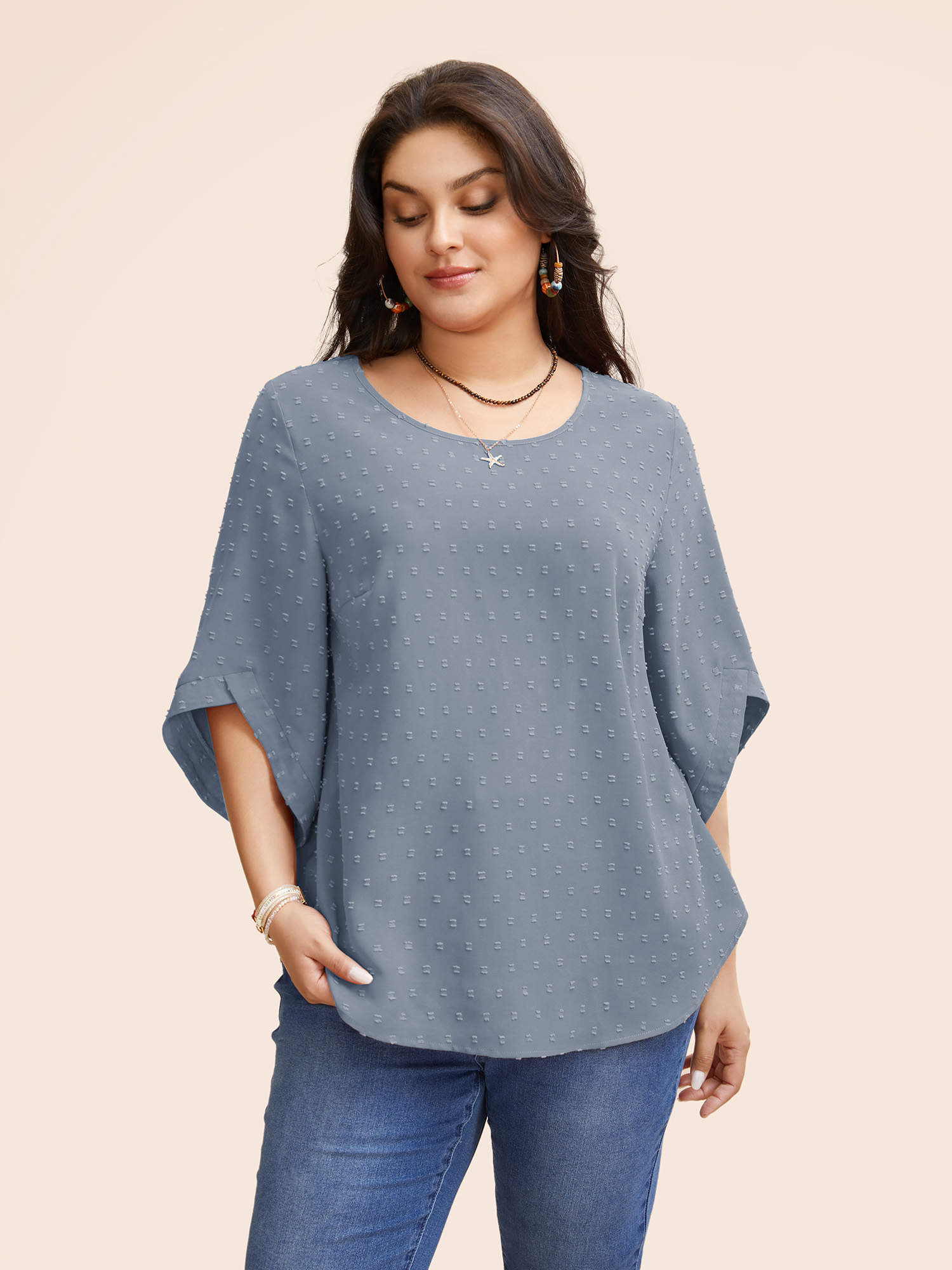 

Plus Size Stone Textured Round Neck Bell Sleeve Blouse Women Elegant Elbow-length sleeve Round Neck Everyday Blouses BloomChic