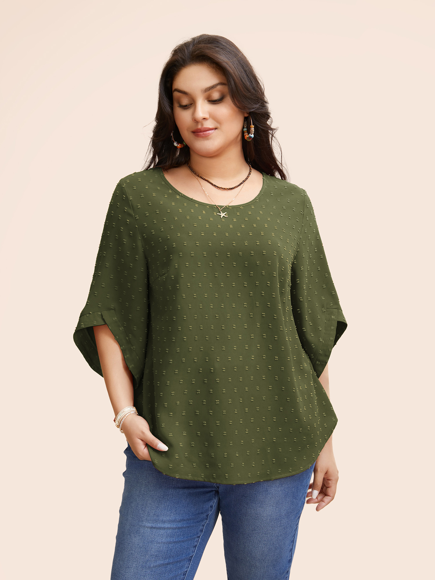 

Plus Size ArmyGreen Textured Round Neck Bell Sleeve Blouse Women Elegant Elbow-length sleeve Round Neck Everyday Blouses BloomChic