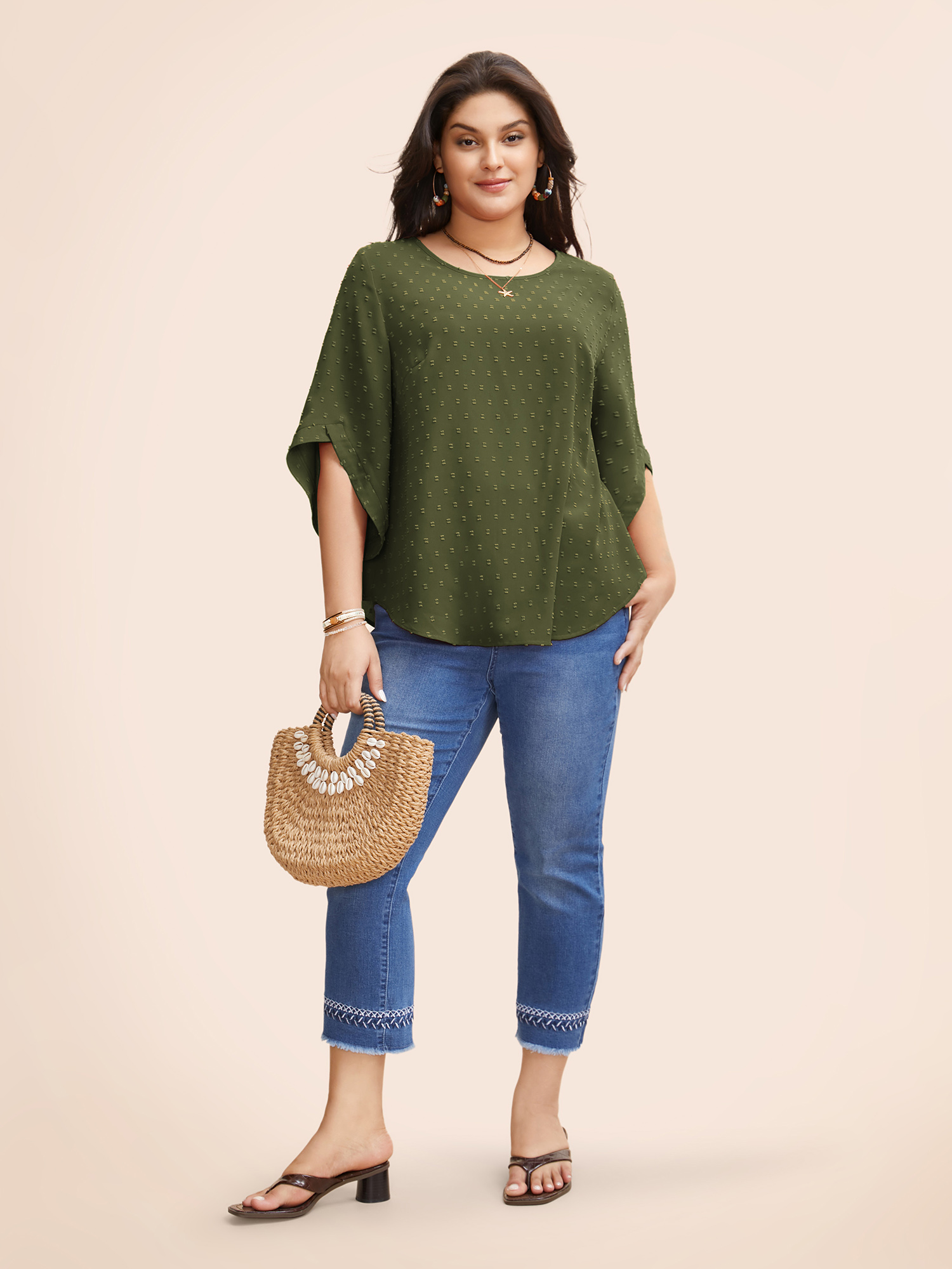 Plus Size ArmyGreen Textured Round Neck Bell Sleeve Blouse Women Elegant Elbow-length sleeve Round Neck Everyday Blouses BloomChic 14-16/1X 