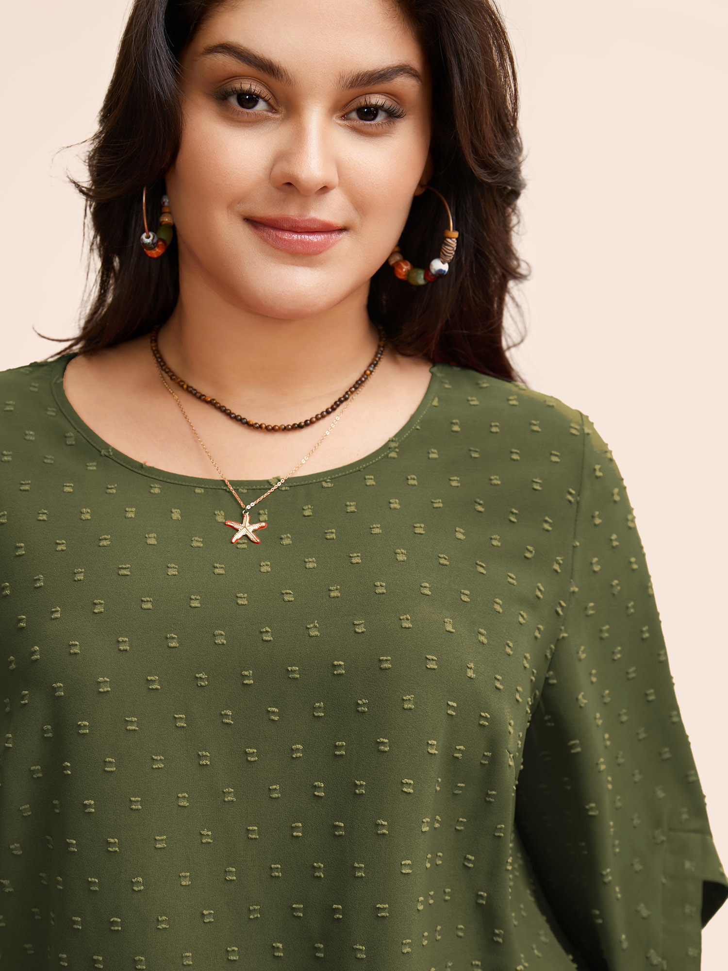 Plus Size ArmyGreen Textured Round Neck Bell Sleeve Blouse Women Elegant Elbow-length sleeve Round Neck Everyday Blouses BloomChic 14-16/1X 