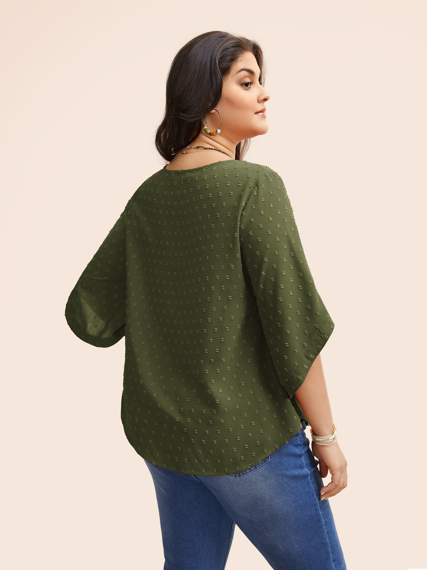 Plus Size ArmyGreen Textured Round Neck Bell Sleeve Blouse Women Elegant Elbow-length sleeve Round Neck Everyday Blouses BloomChic 14-16/1X 