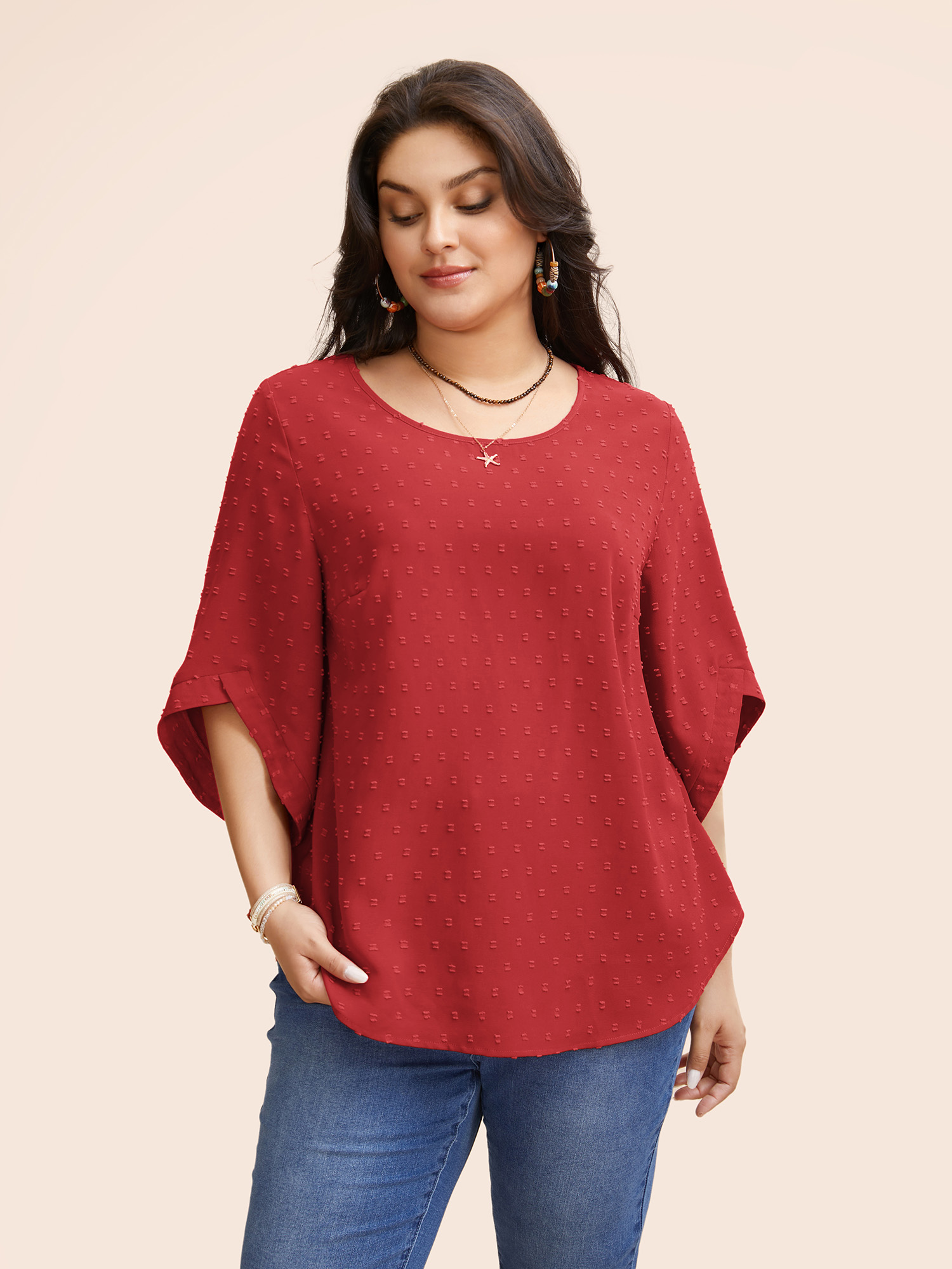 

Plus Size Crimson Textured Round Neck Bell Sleeve Blouse Women Elegant Elbow-length sleeve Round Neck Everyday Blouses BloomChic