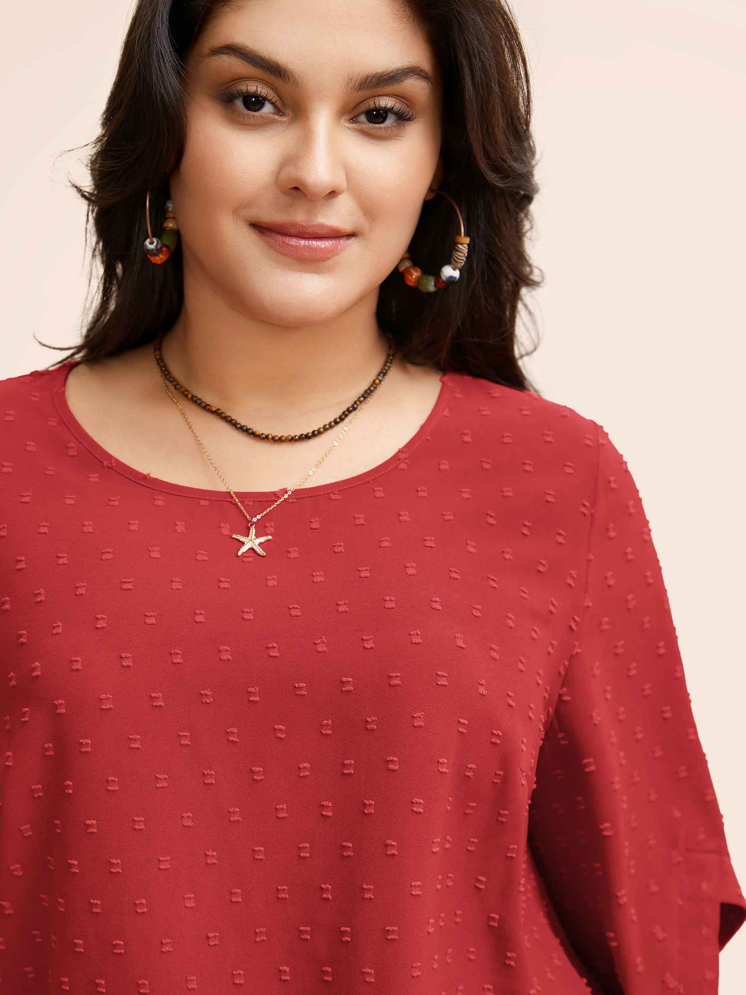 

Plus Size Crimson Textured Round Neck Bell Sleeve Blouse Women Elegant Elbow-length sleeve Round Neck Everyday Blouses BloomChic