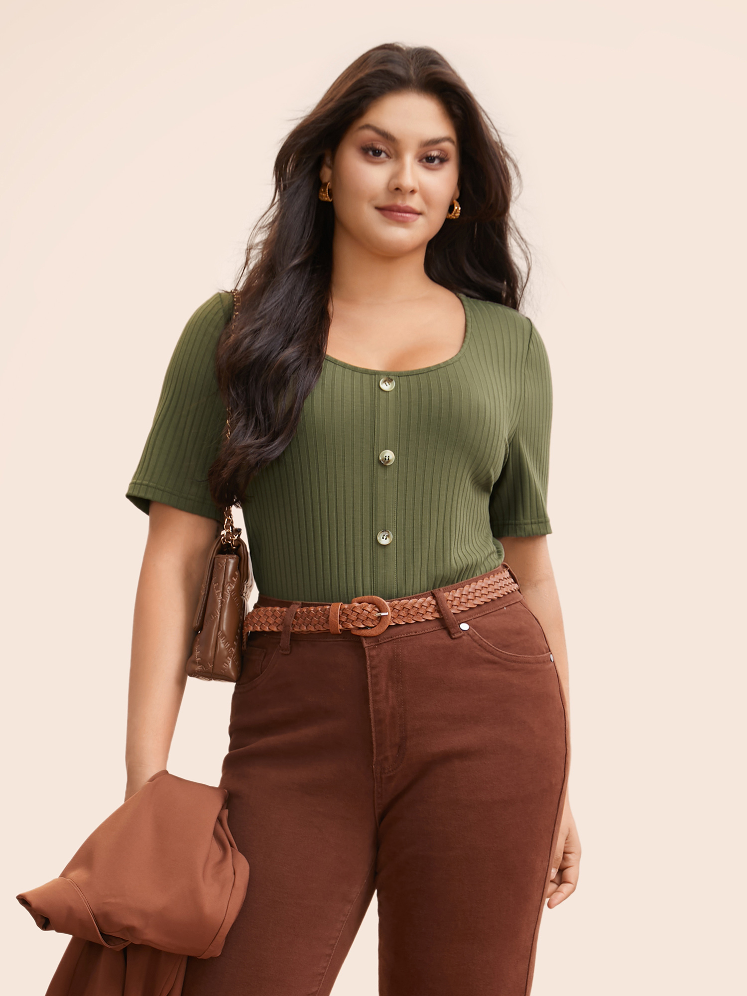 

Plus Size U Neck Pit Strip Button Detail T-shirt ArmyGreen Women Elegant Texture U-neck Bodycon Everyday T-shirts BloomChic