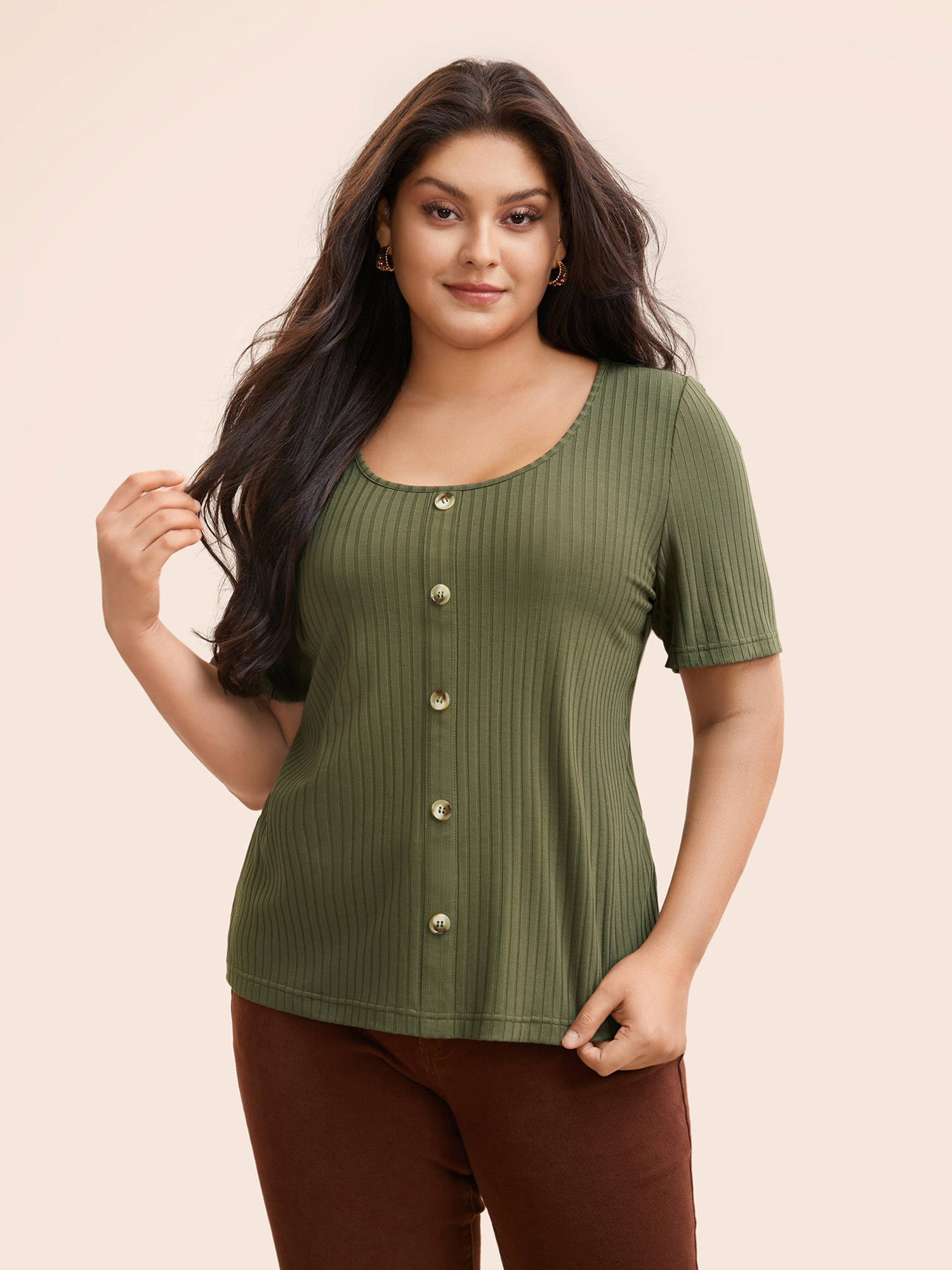 

Plus Size U Neck Pit Strip Button Detail T-shirt ArmyGreen Women Elegant Texture U-neck Bodycon Everyday T-shirts BloomChic