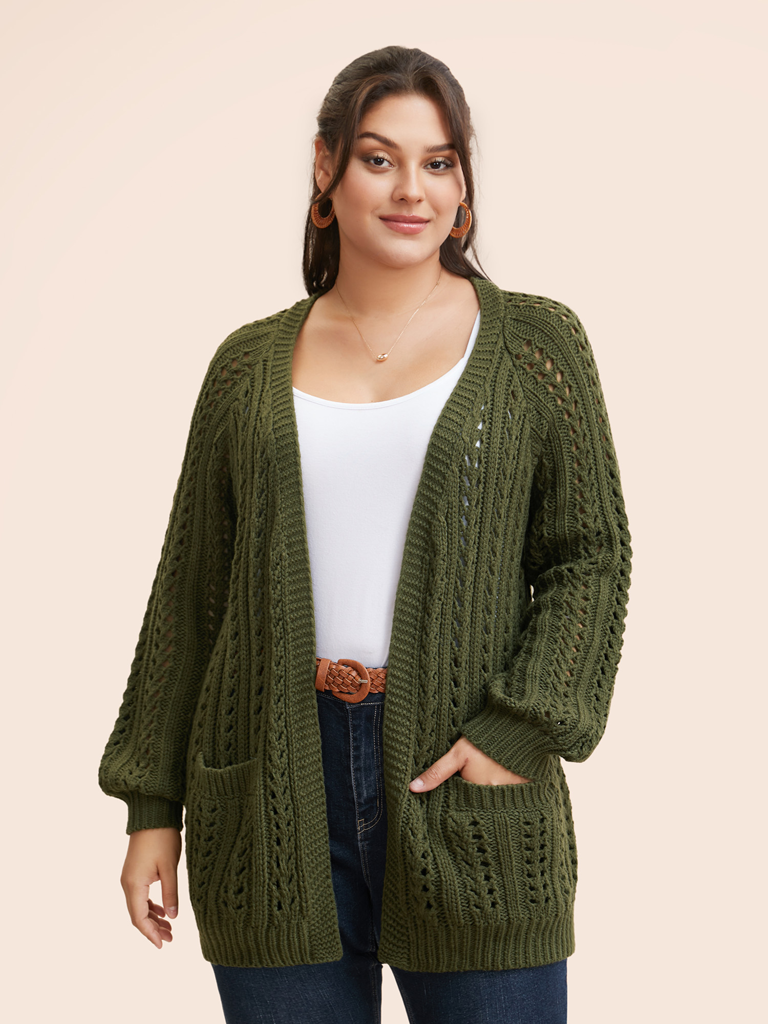 

Plus Size Solid Cable Knit Raglan Sleeve Cardigan Olive Women Casual Loose Long Sleeve Everyday Cardigans BloomChic