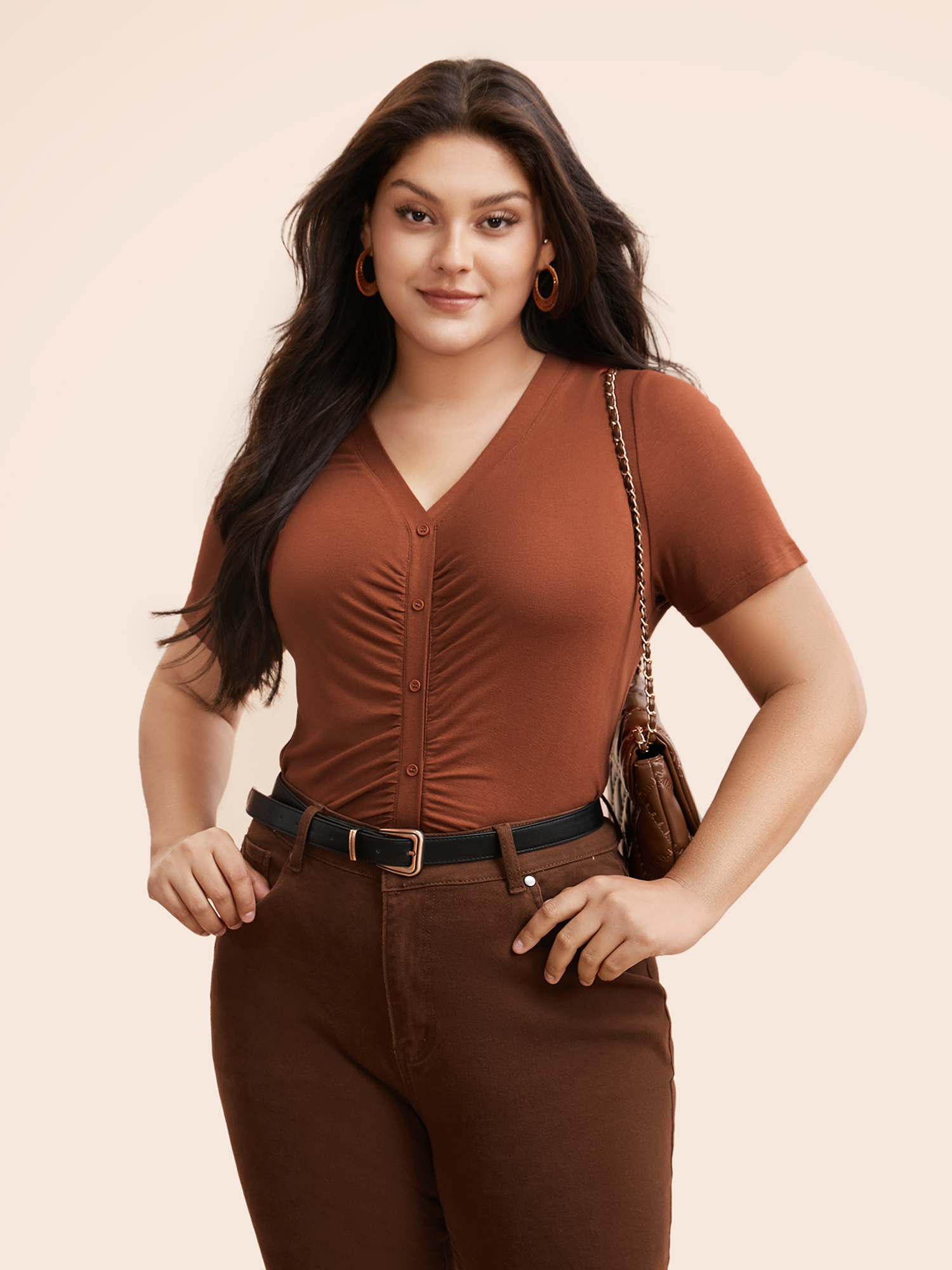 

Plus Size V Neck Button Detail Ruched T-shirt Maroon Women Elegant Gathered V-neck Bodycon Everyday T-shirts BloomChic