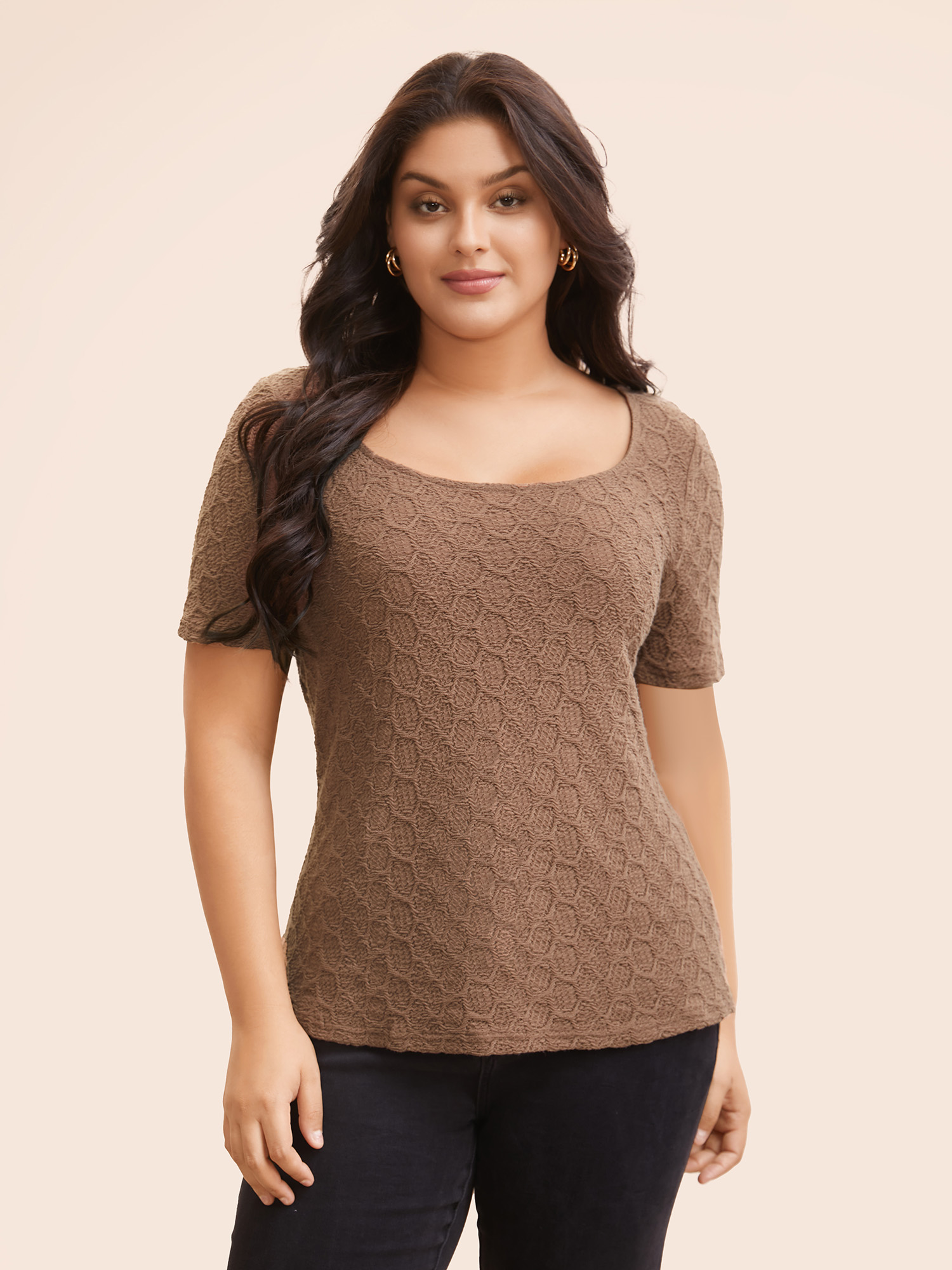 

Plus Size Plain Textured U Neck T-shirt Yellowishbrown Women Elegant Texture U-neck Bodycon Everyday T-shirts BloomChic