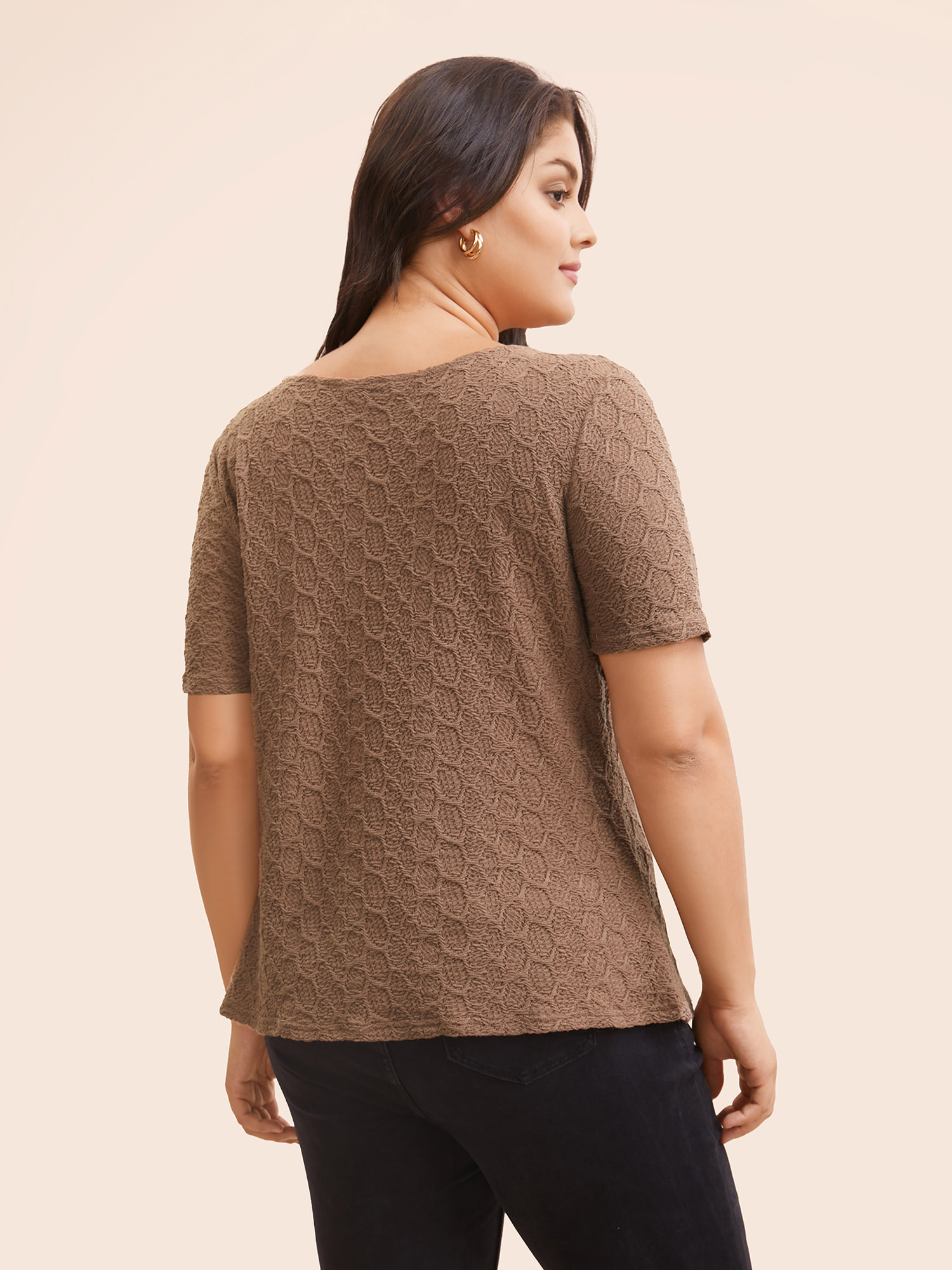 

Plus Size Plain Textured U Neck T-shirt Yellowishbrown Women Elegant Texture U-neck Bodycon Everyday T-shirts BloomChic