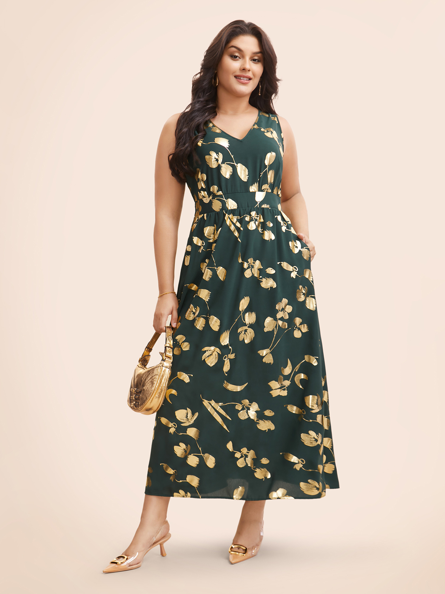 

Plus Size Glitter Floral Sleeveless Maxi Dress DarkGreen Women Cocktail Texture V-neck Sleeveless Curvy BloomChic